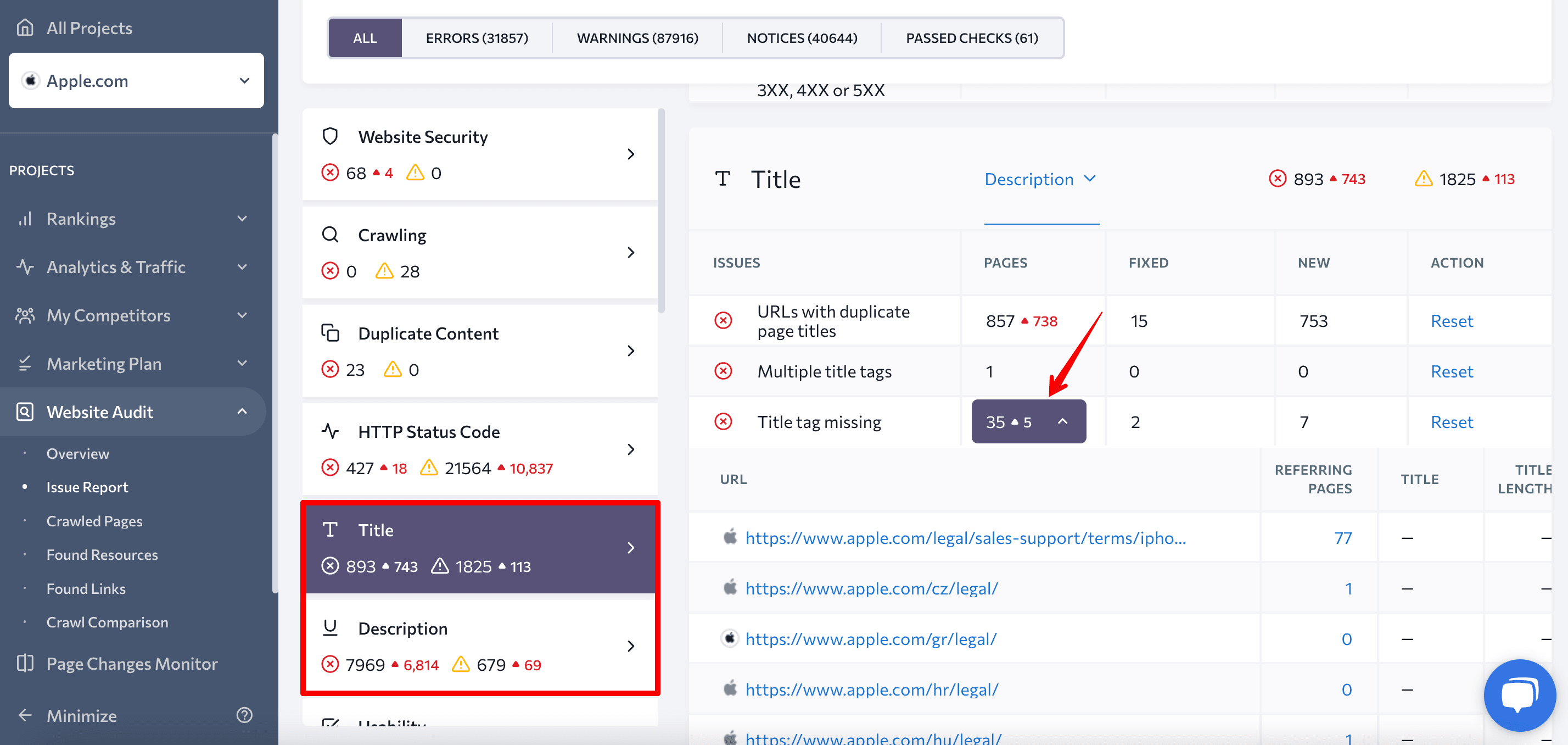 Description and Title tabs of the Website Audit report