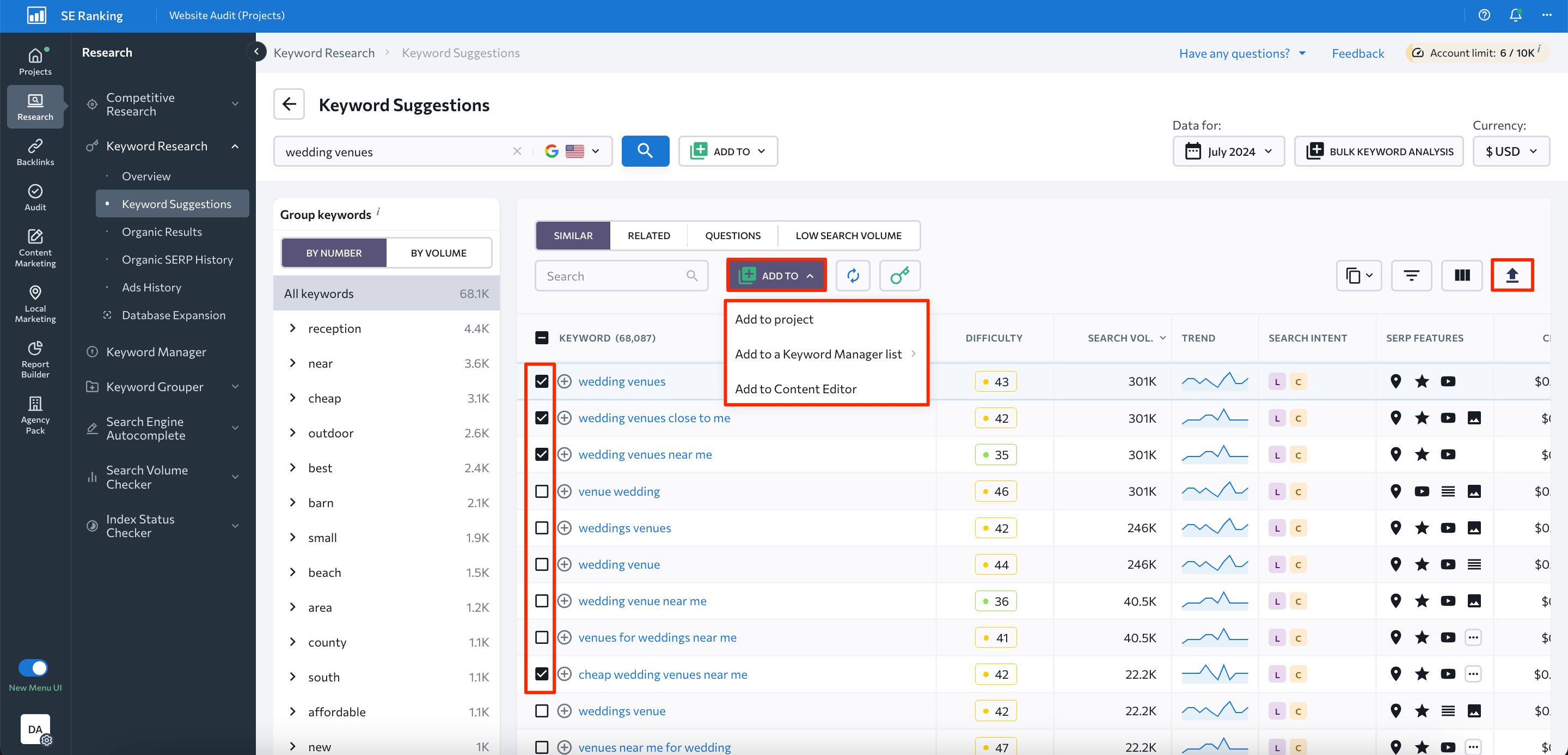 Keywords management in SE Ranking