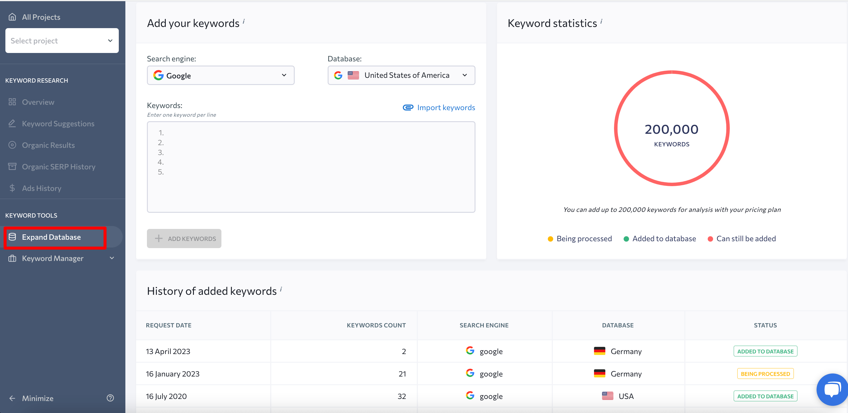 How to expand database in SE Ranking's Keyword Research