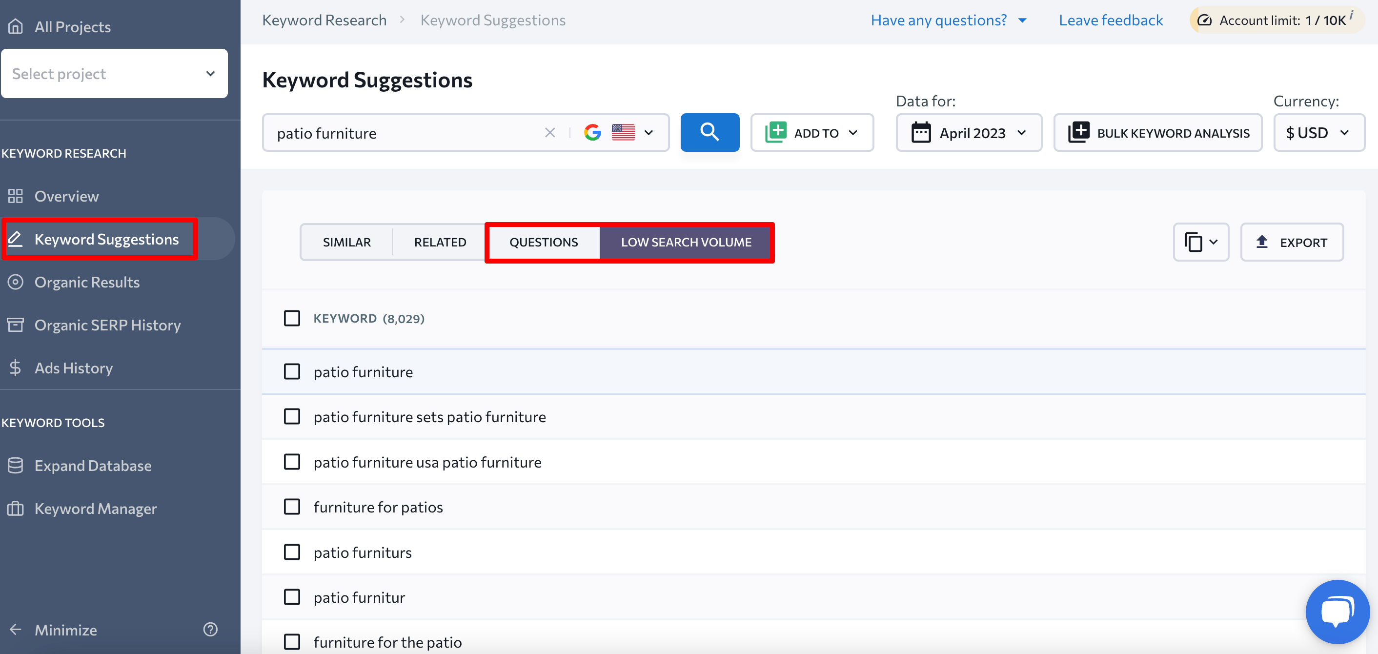 Question-based and long-tail keyword suggestions in SE Ranking