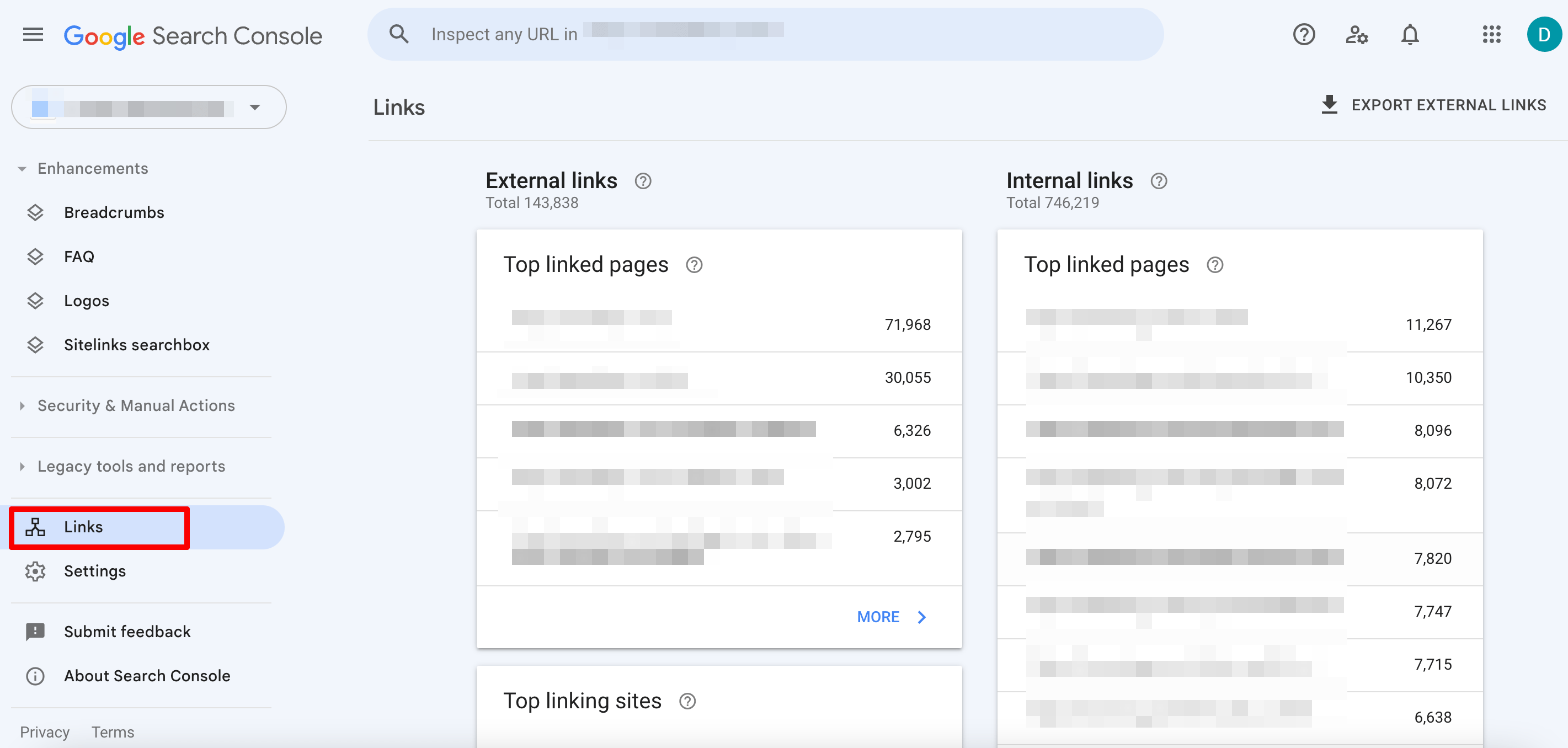 Links tab in Google Search Console