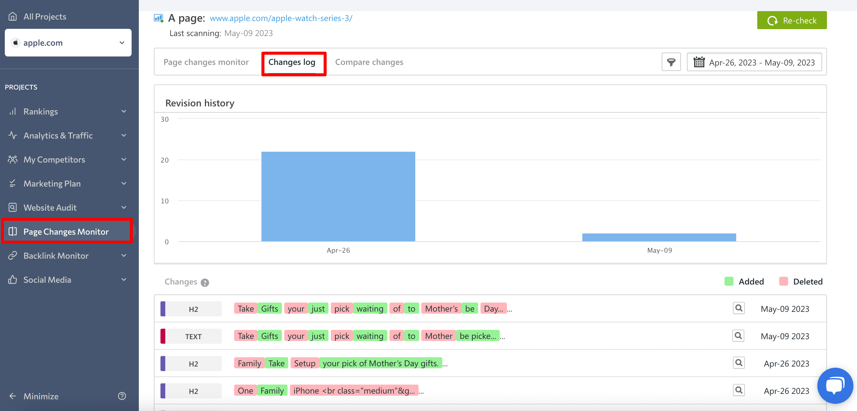 SE Ranking’s Page Changes Monitor tool