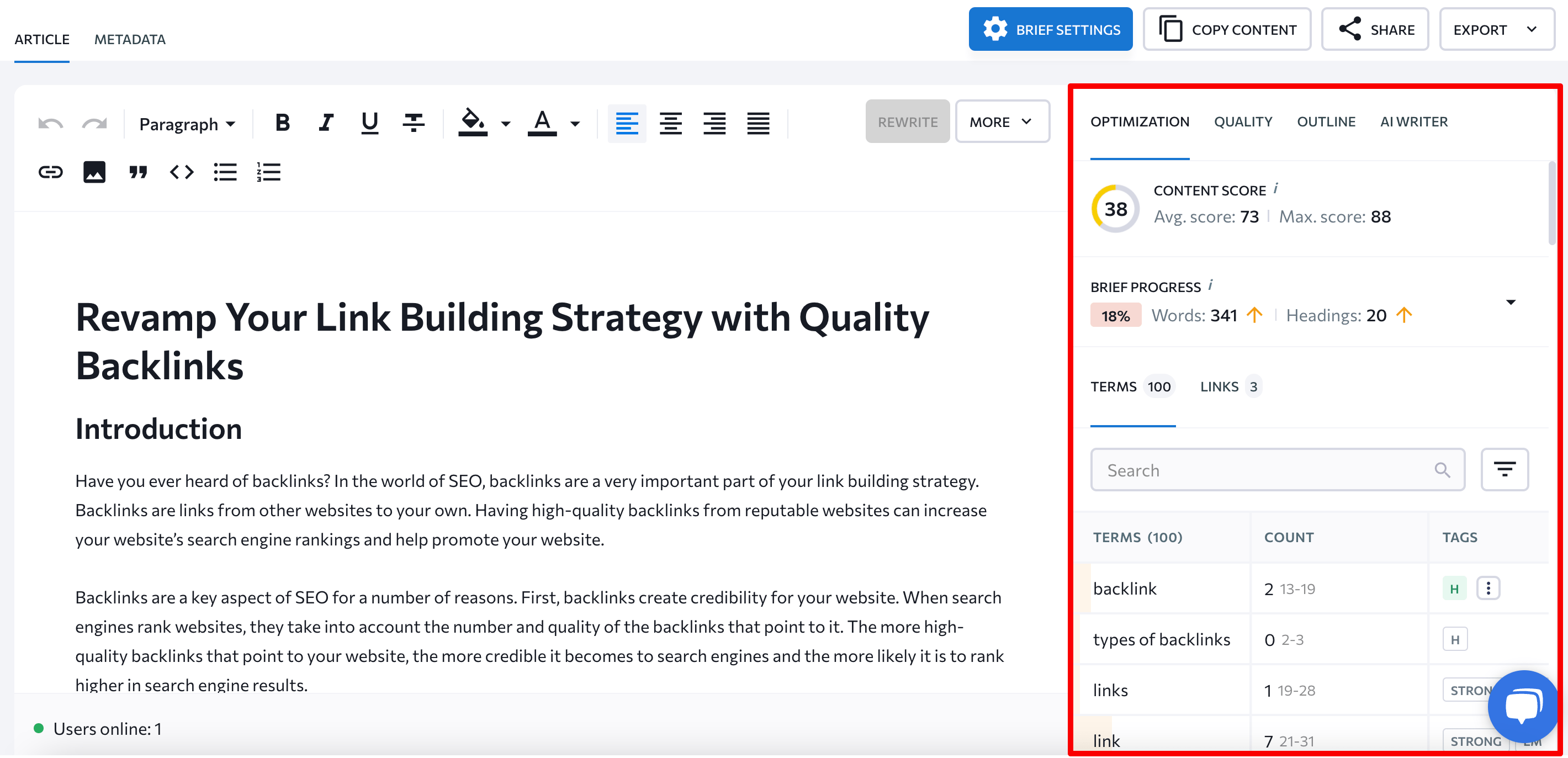 Optimization section in Content Editor