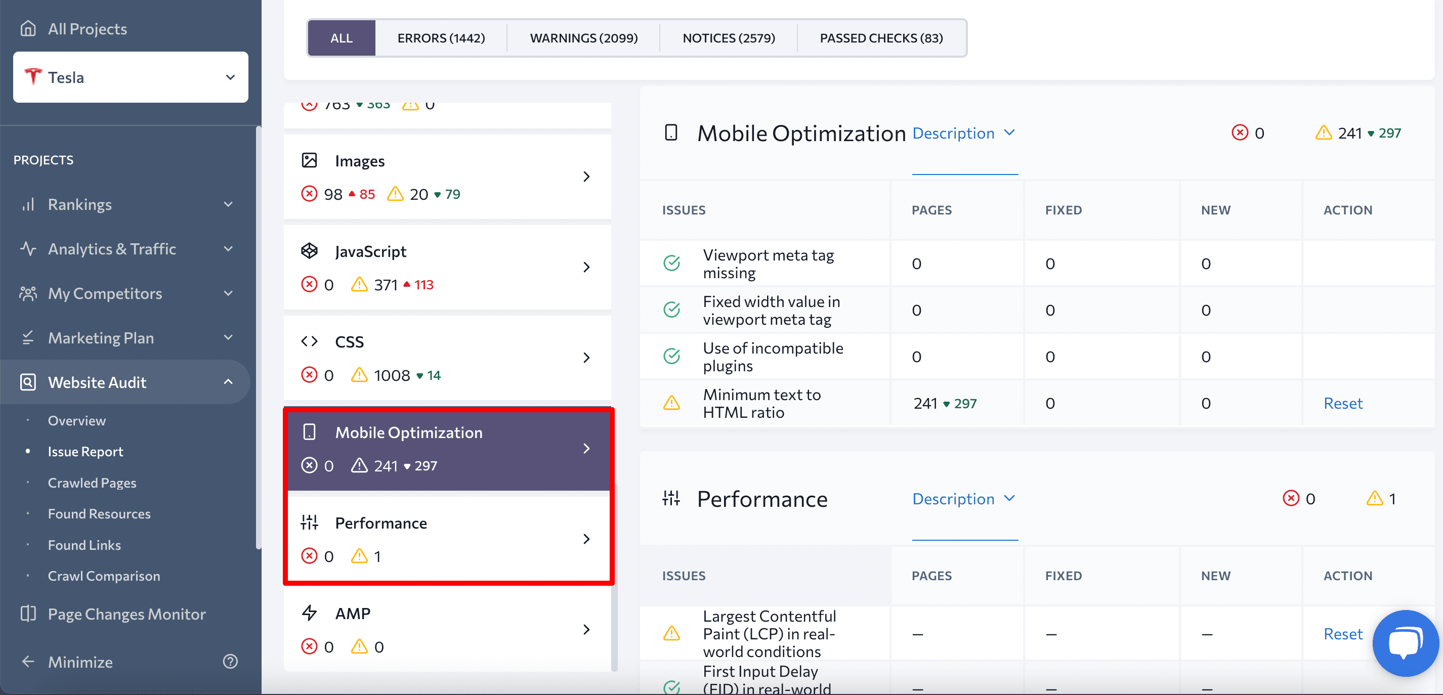 Page Experience metrics in SE Ranking's Website Audit