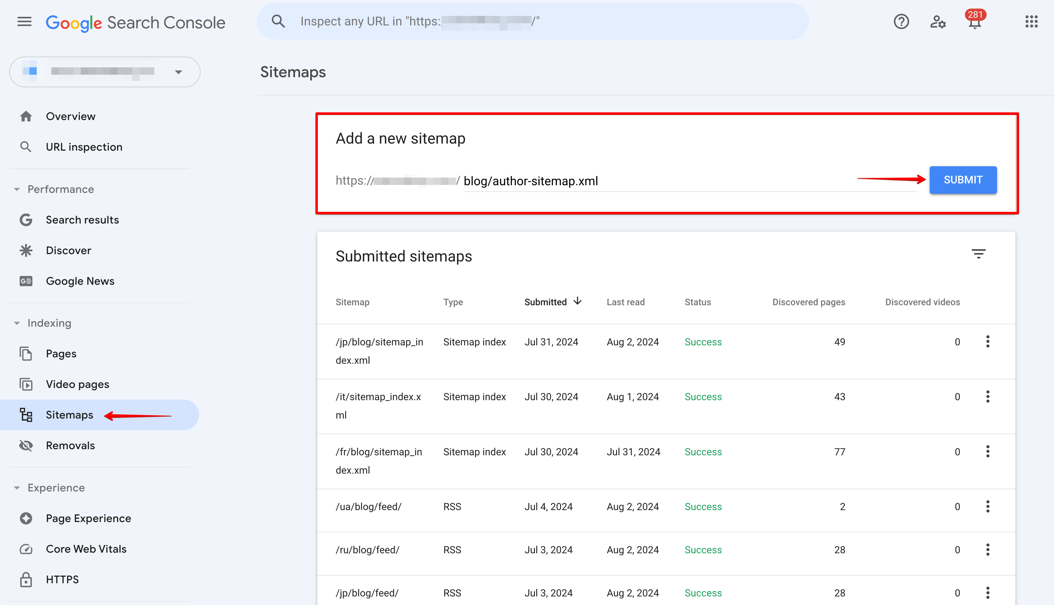 Add a new sitemap in GSC