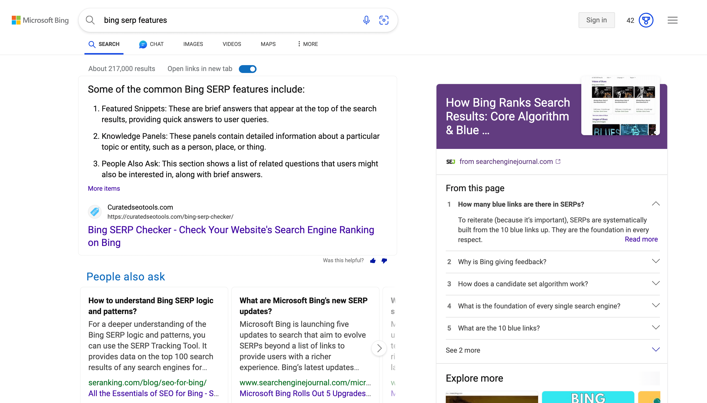 Screenshot of Bing's SERP Features