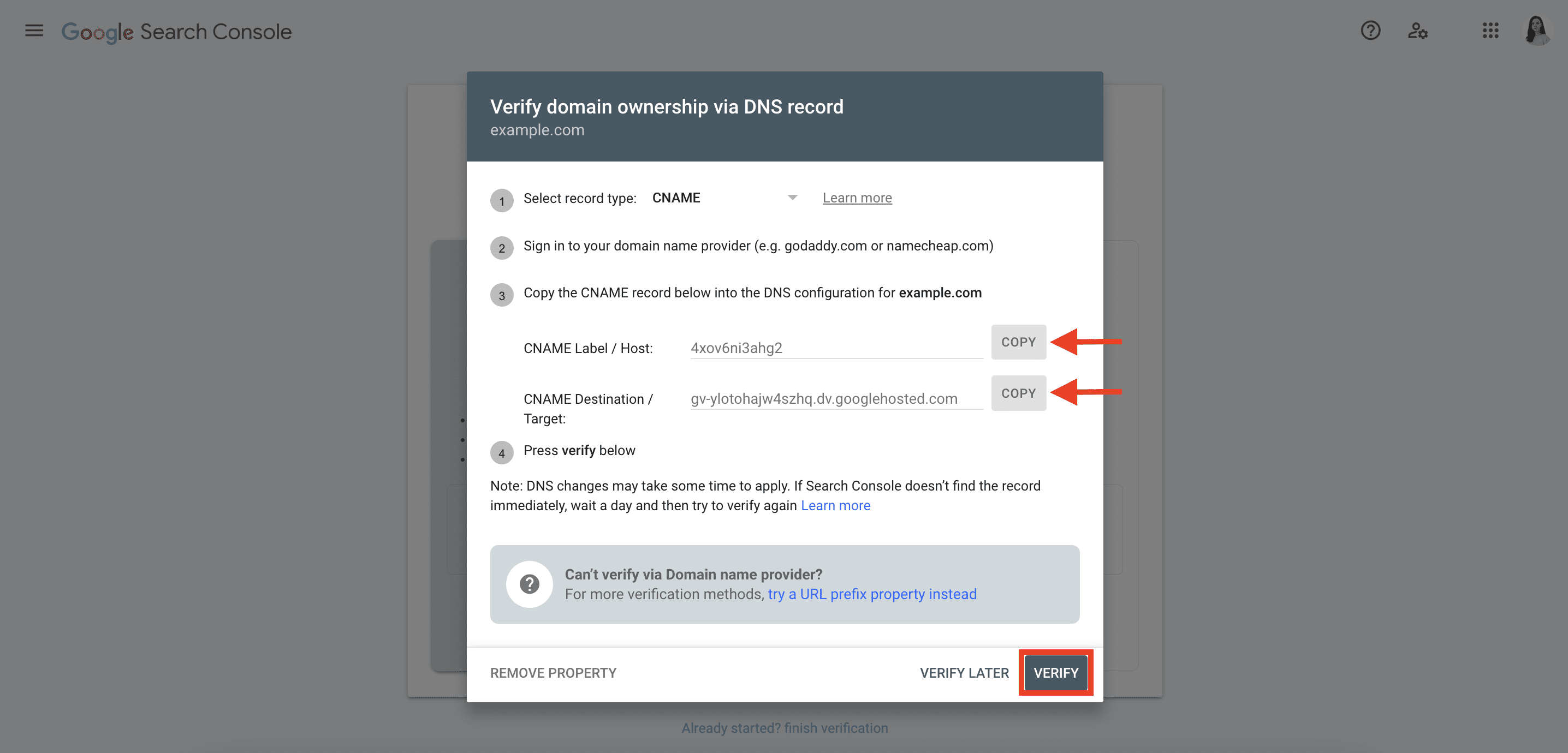 CNAME for DNS record verification of GSC