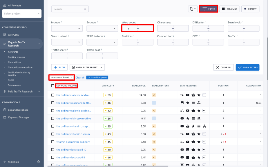 Organic keywords filter for long-tails in the Competitive Research tool