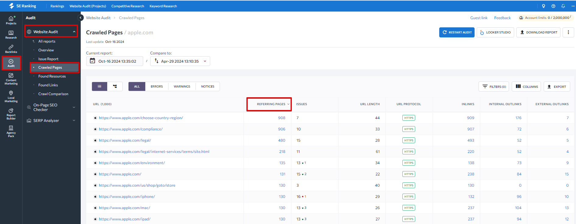 Crawled Pages report in SE Ranking’s Website Audit tool 