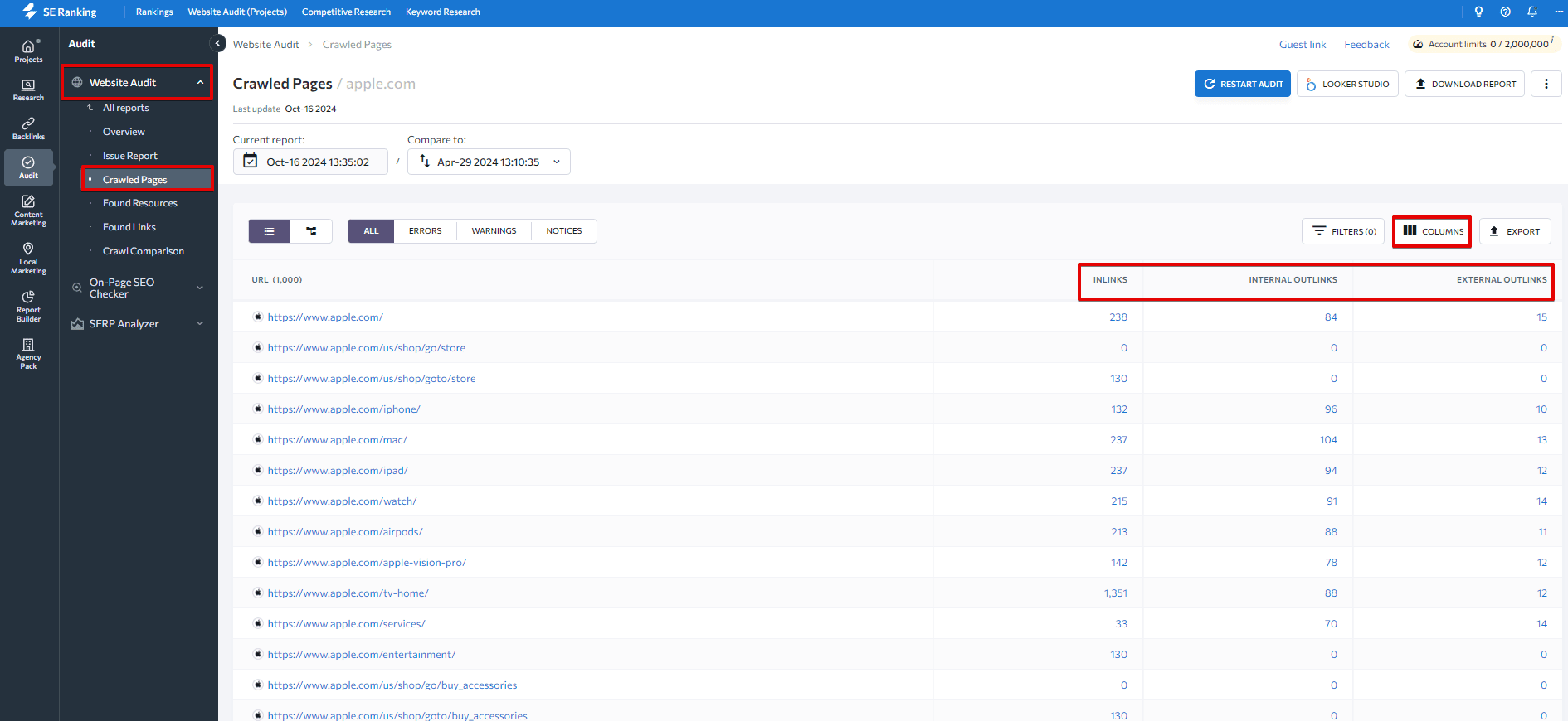 Analysing website links with SE Ranking