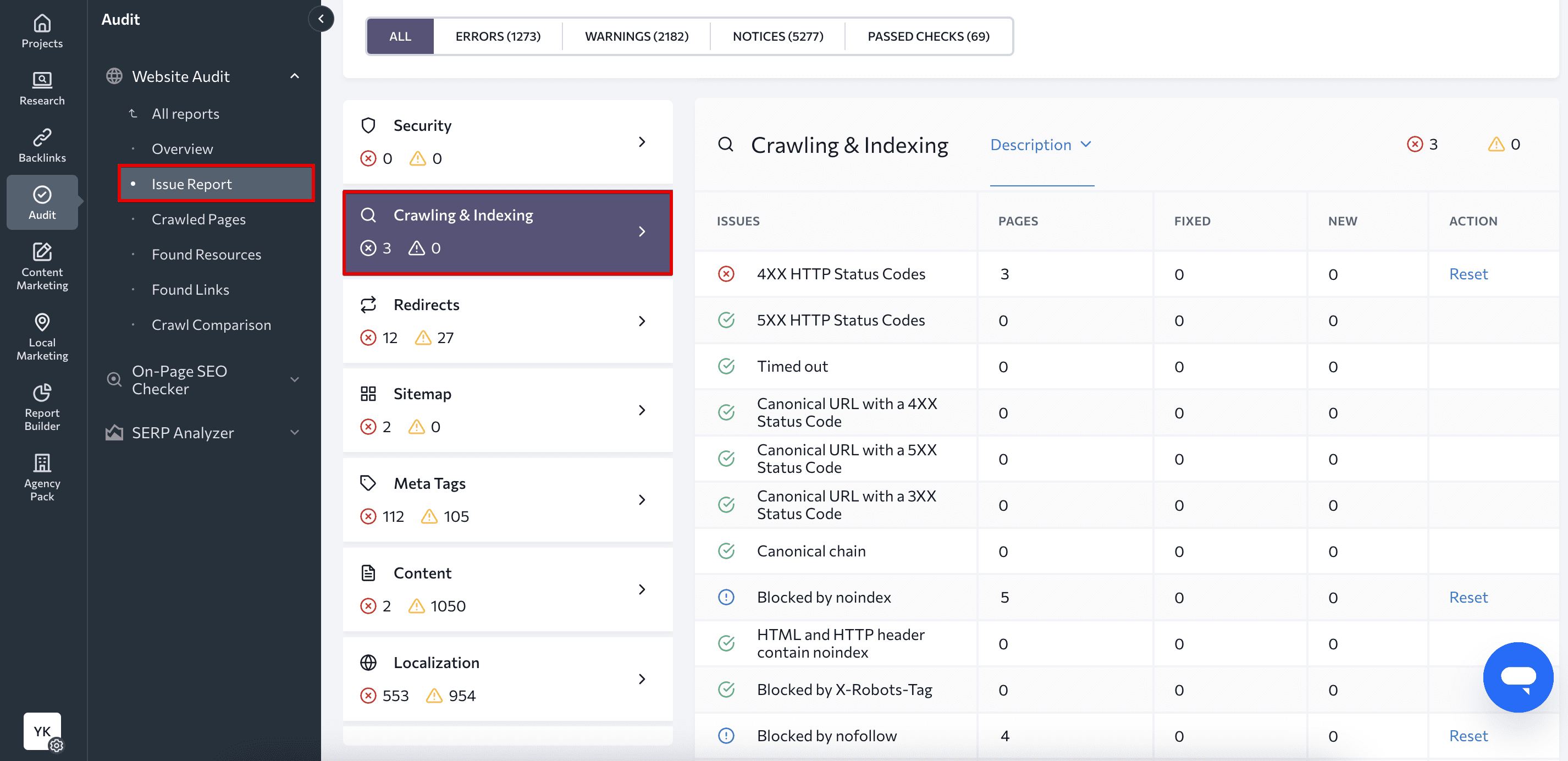 Crawling and Indexing section of the Issues Report in SE Ranking