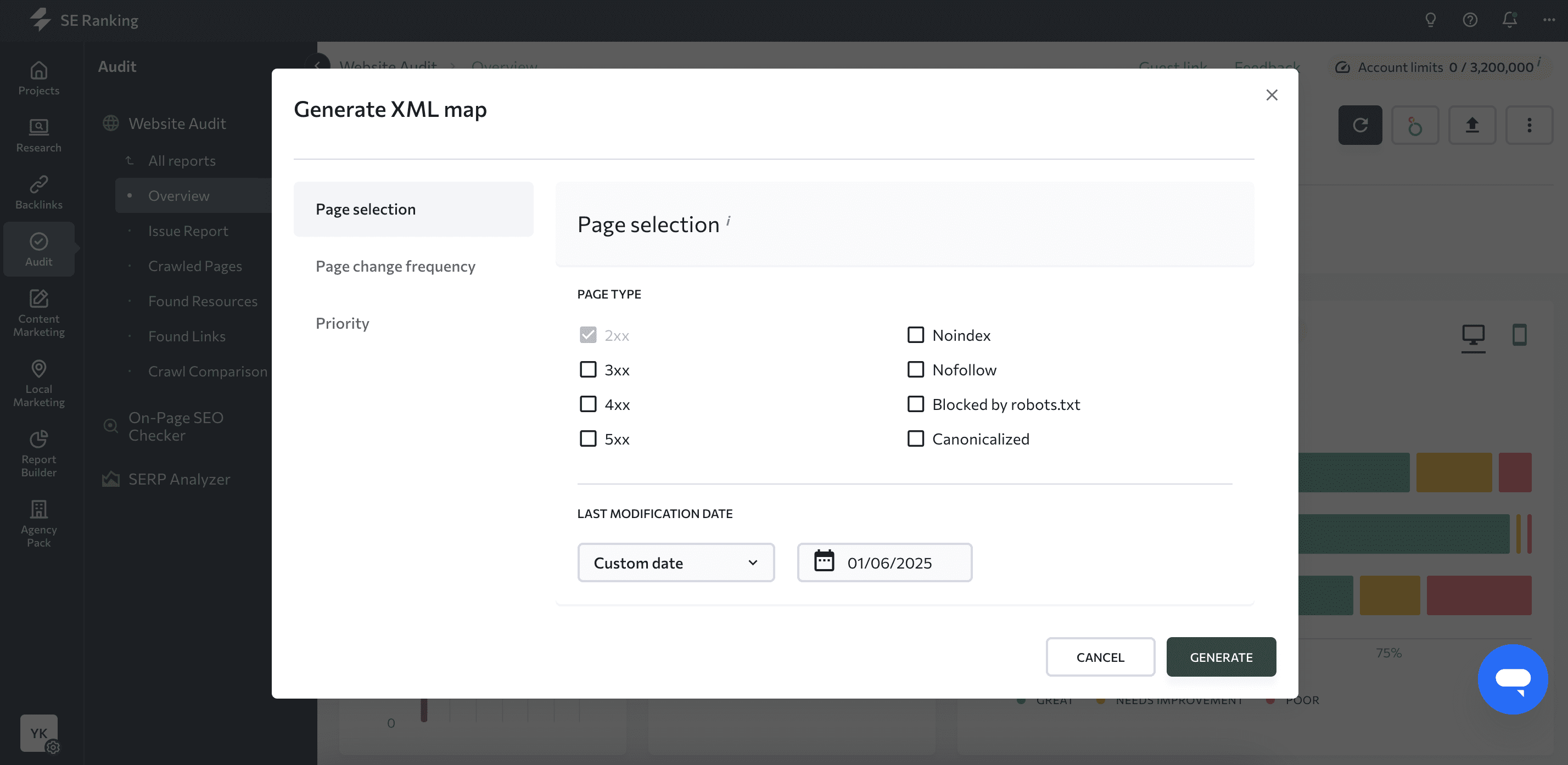 How to generate XML map in SE Ranking