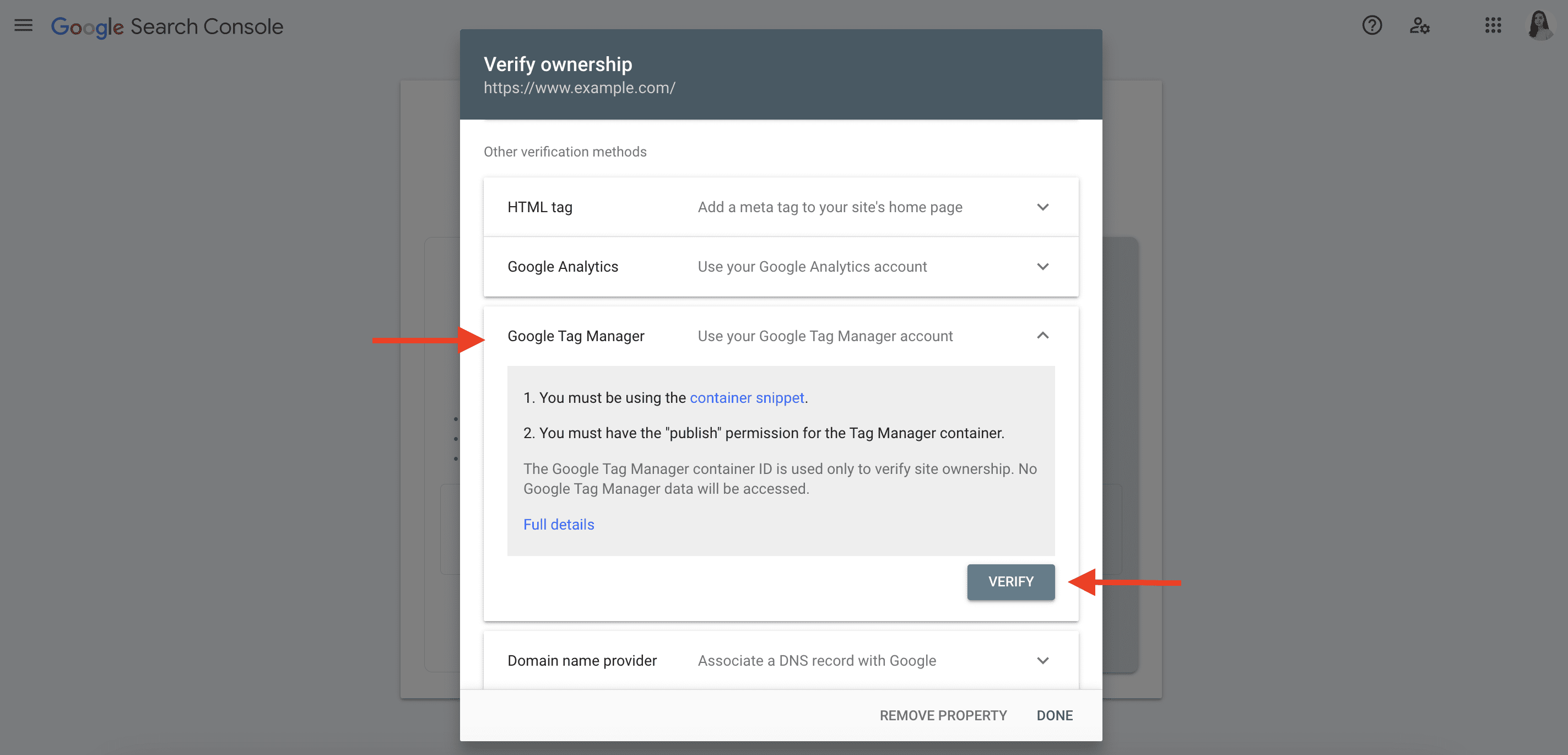 Verifying GSC via Google Tag Manager