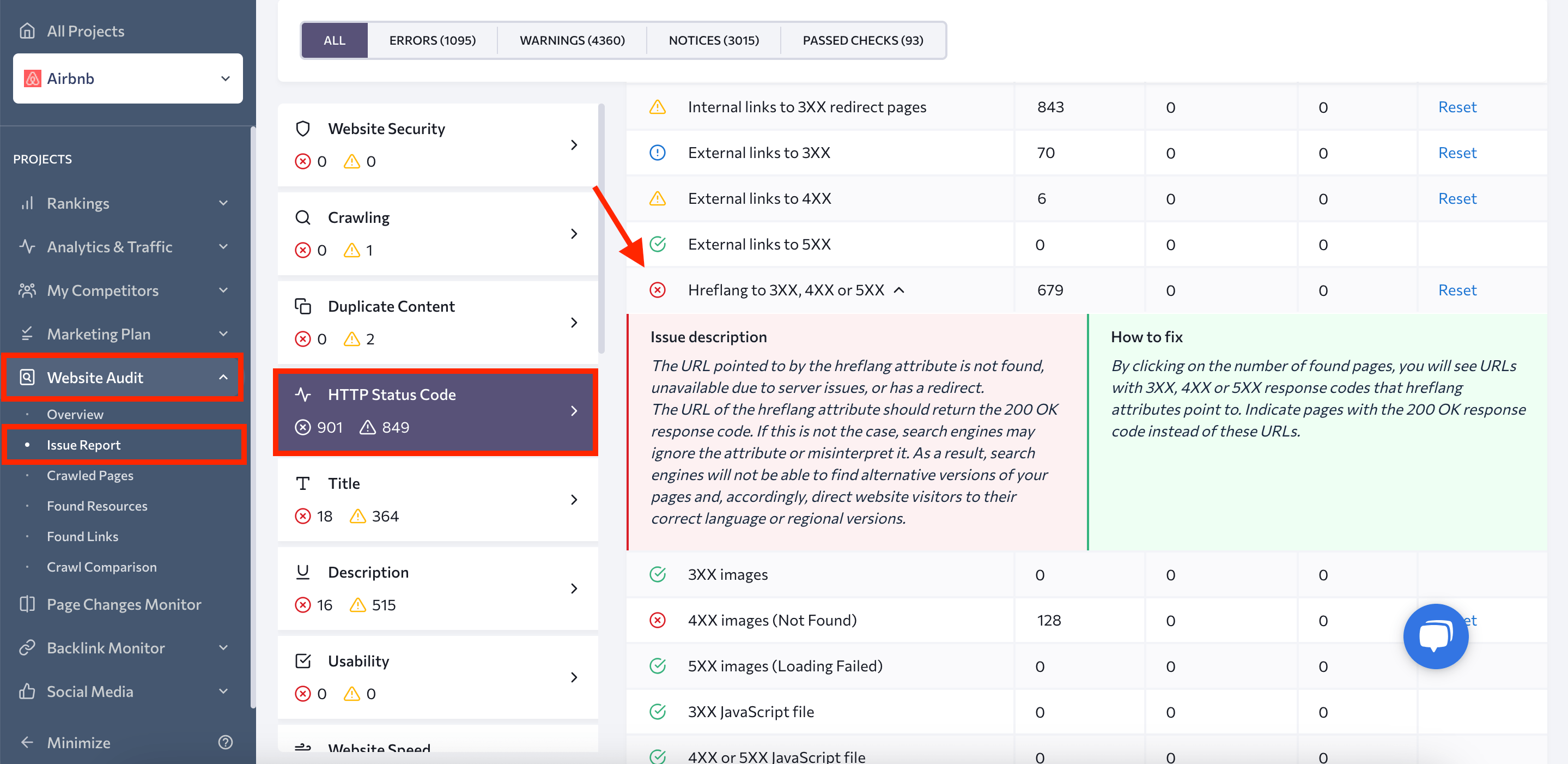 HTTP status code error report