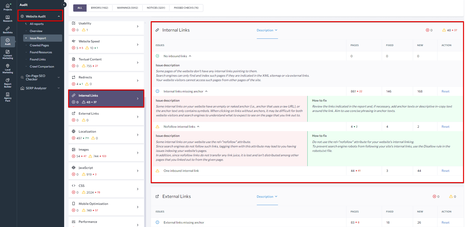 Internal Links section in Website Audit