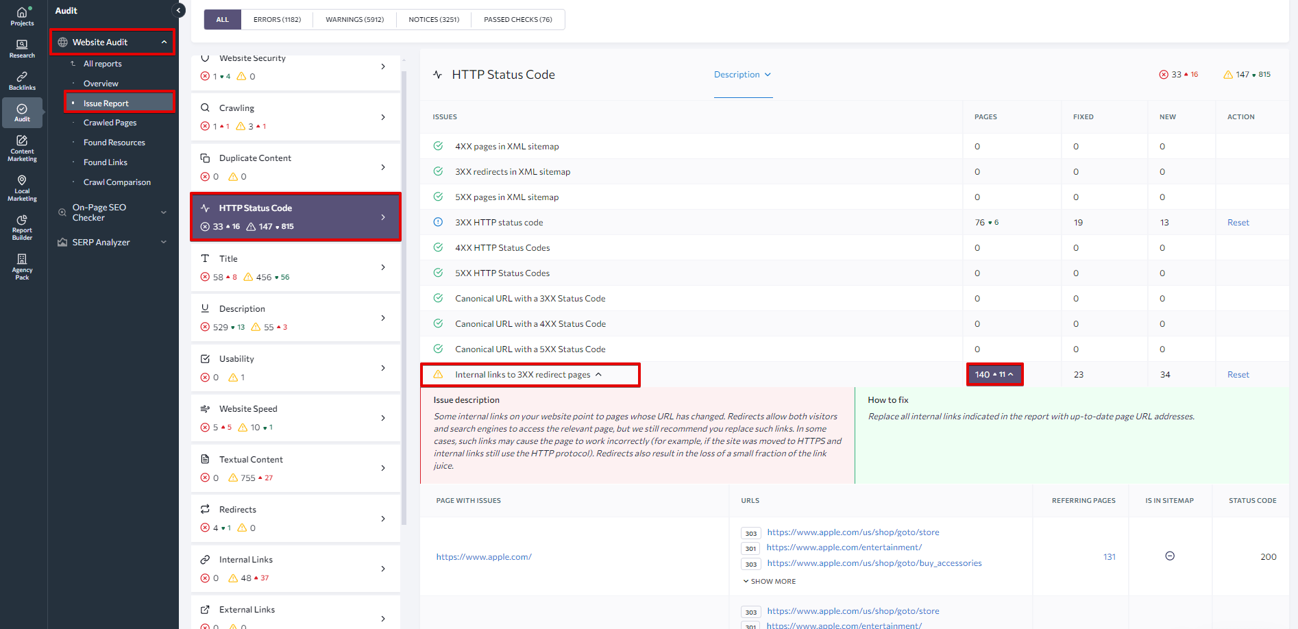 HTTP Status Code section  in SE Ranking’s Website Audit tool 