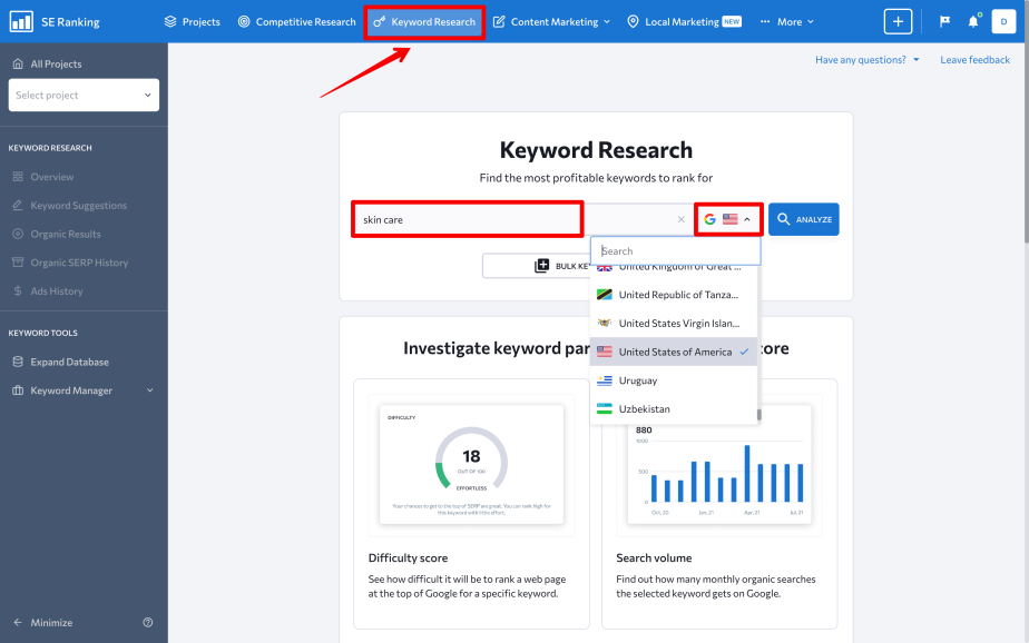 Homepage of Keyword Research