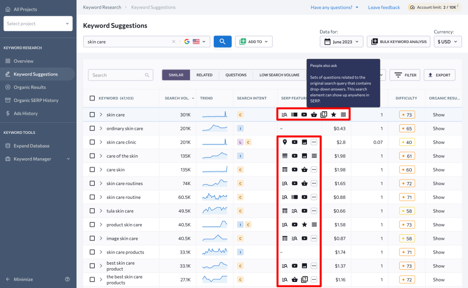 SERP Features in Keyword Suggestions tool