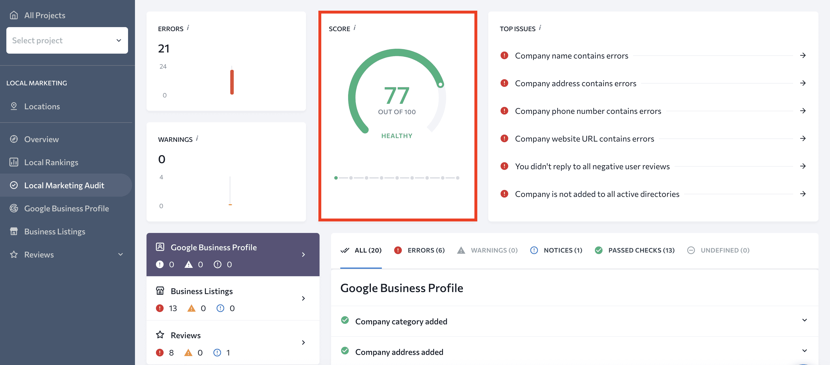 Local Health Score in SE Ranking