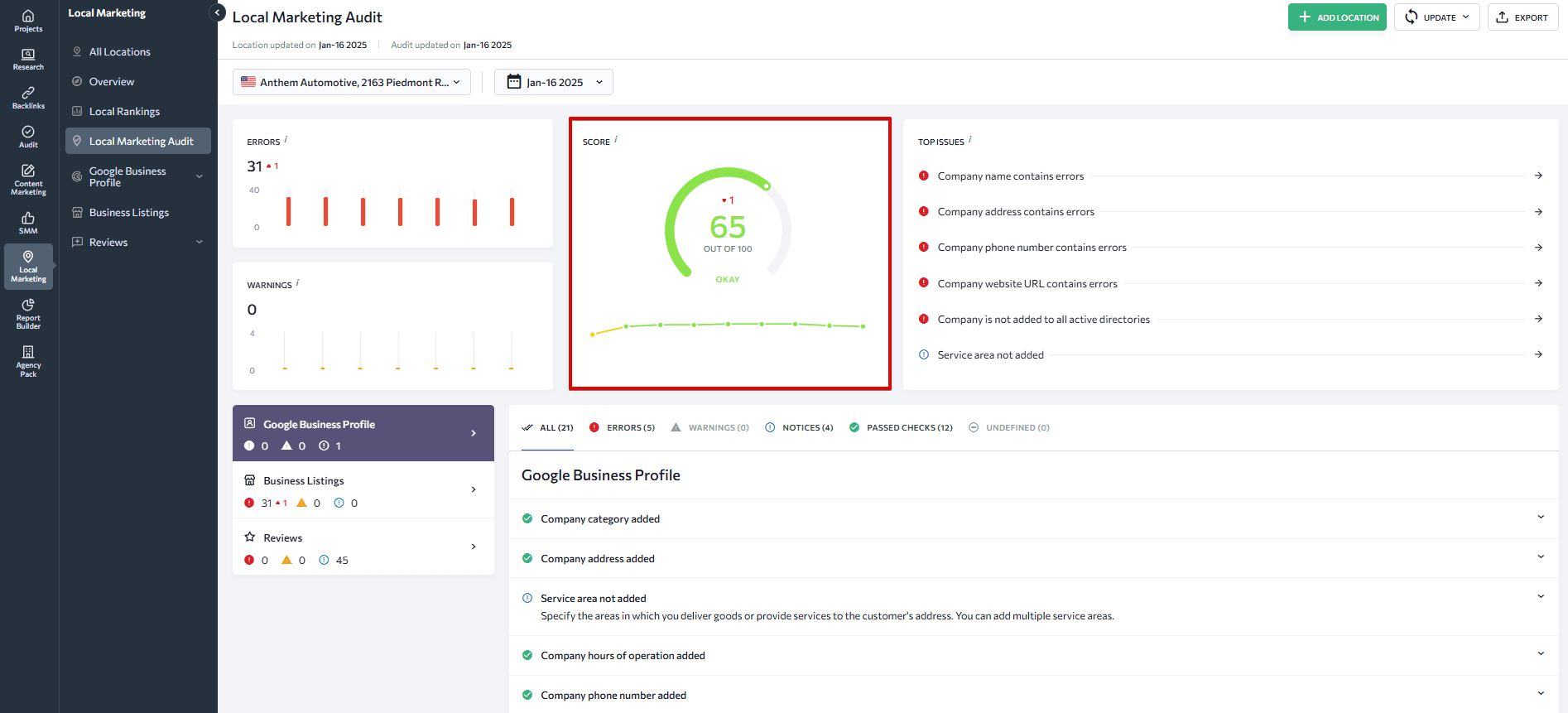 Local Health Score in SE Ranking