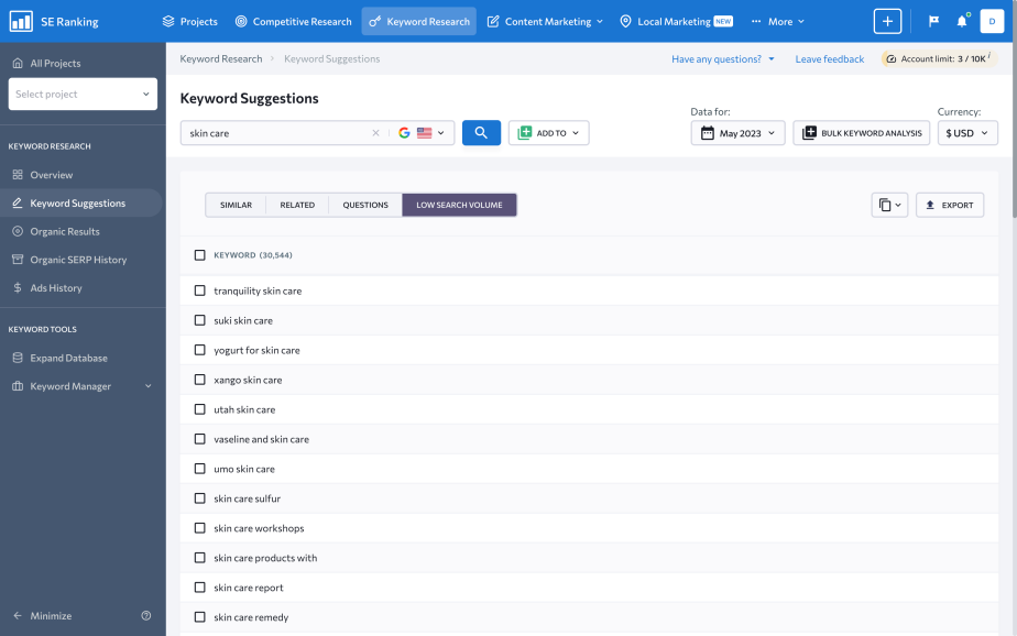 Low search volume tab in the Keyword Research tool