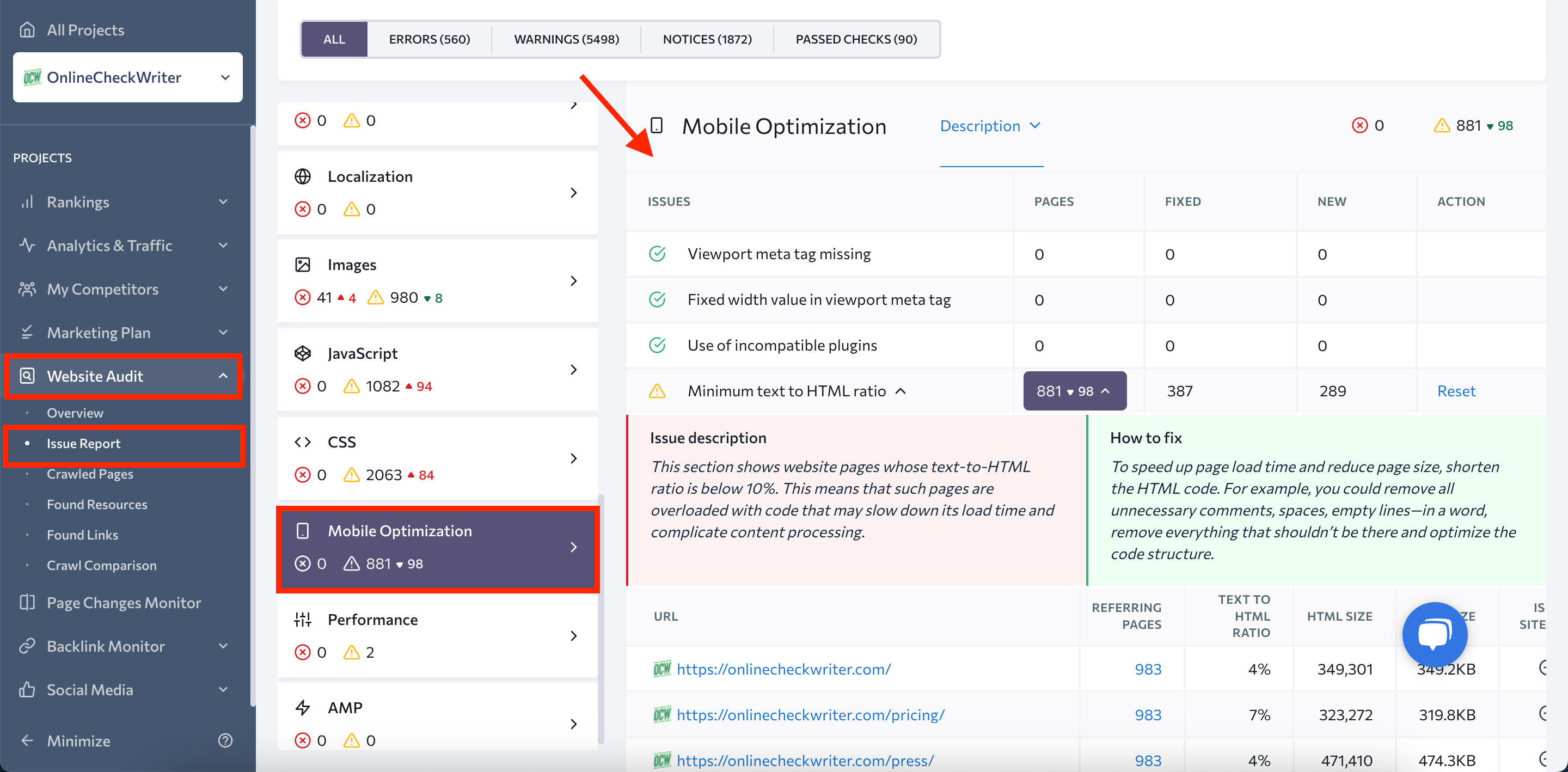 Mobile Optimization section in Website Audit