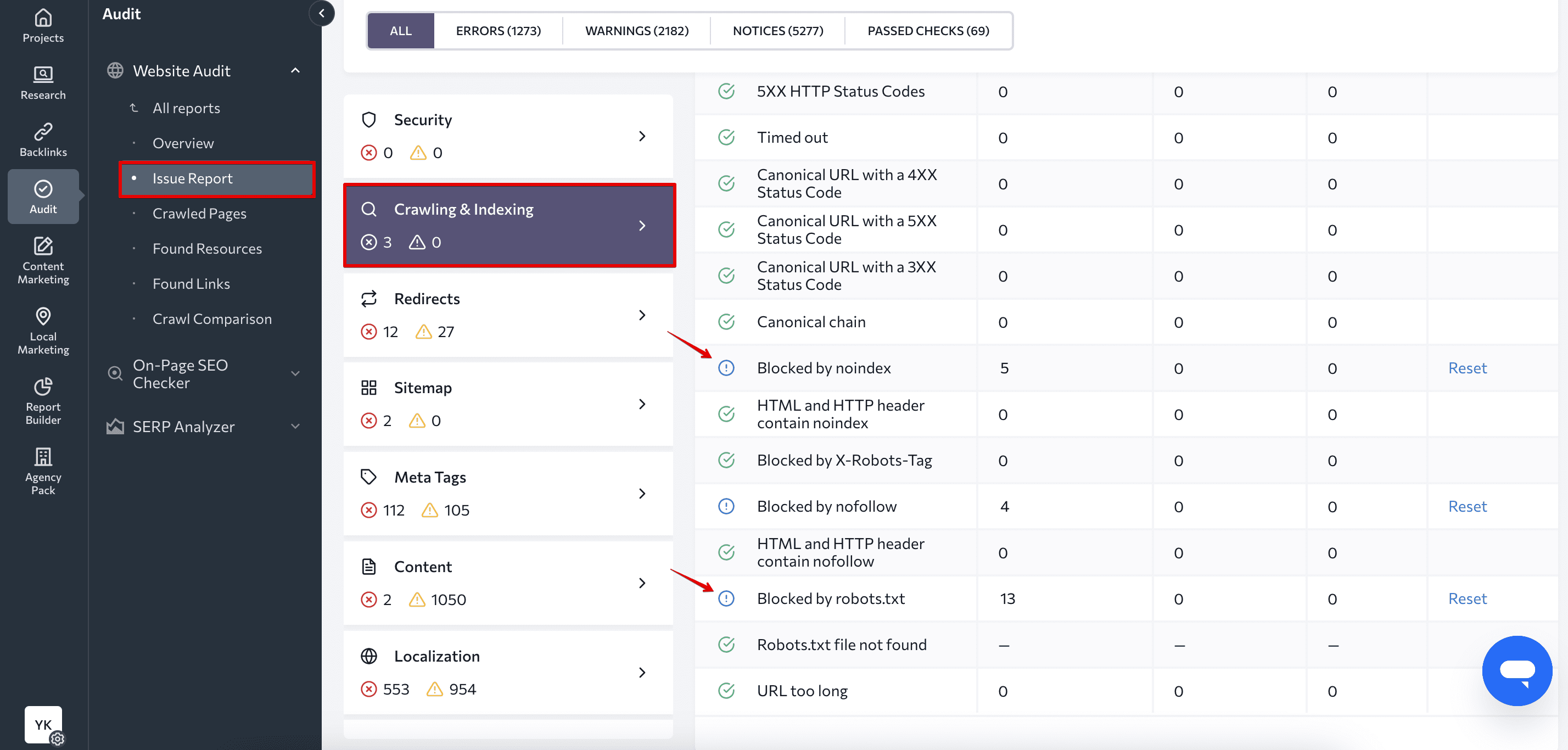 Non-noindexed pages detected by SE Ranking's website audit