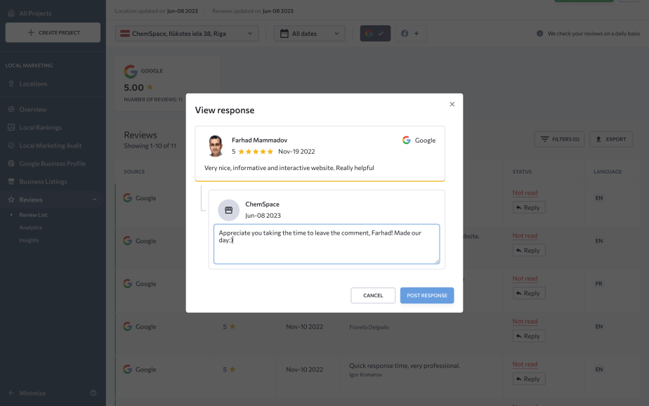 Replying to reviews via Local Marketing tool