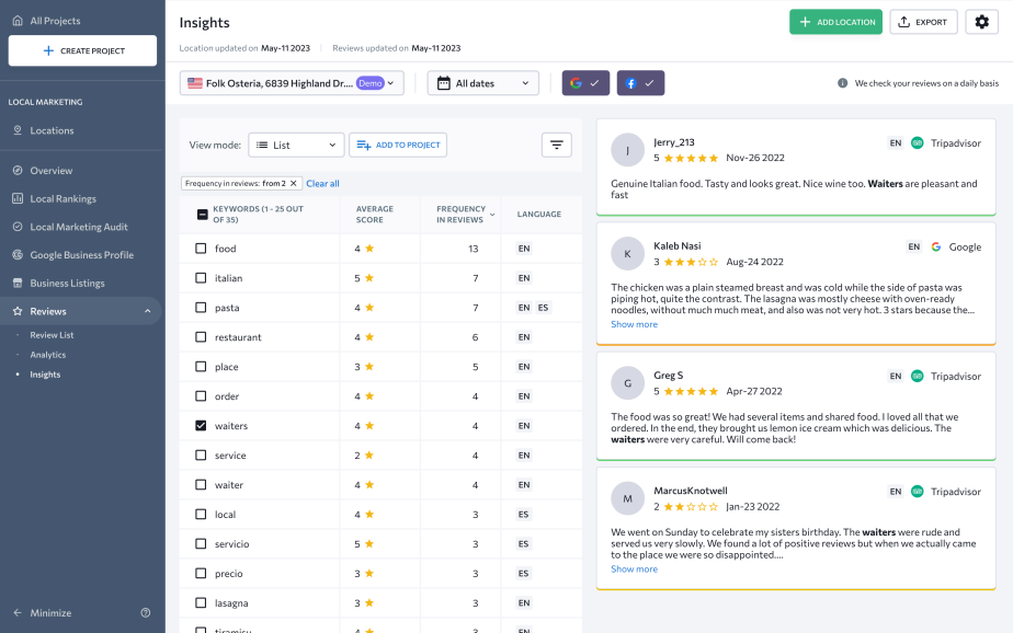 Review insights via Local Marketing tool