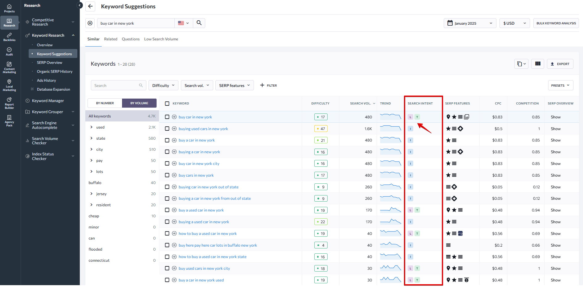 Several search intents for a keyword in SE Ranking