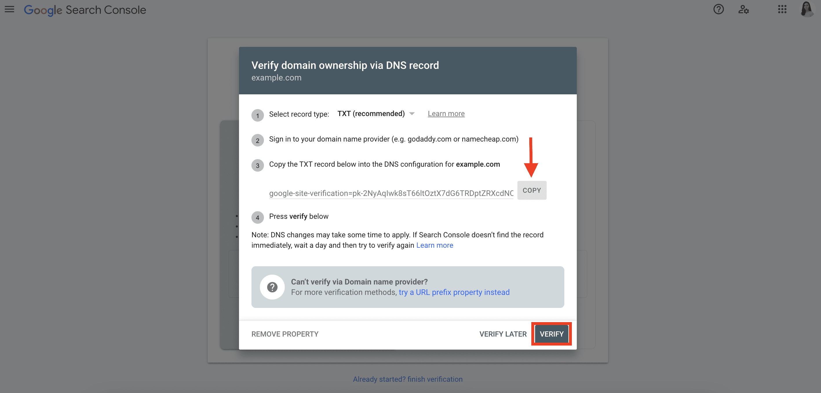 TXT for DNS record verification of GSC