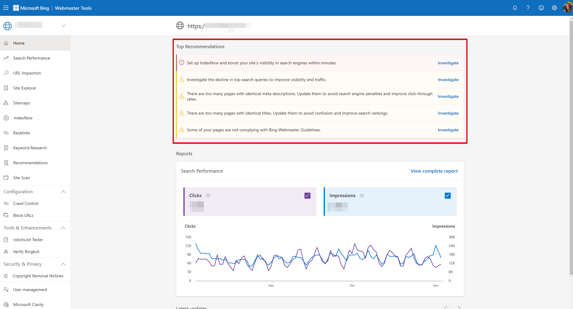 Top Insights feature in Bing Webmaster Tools