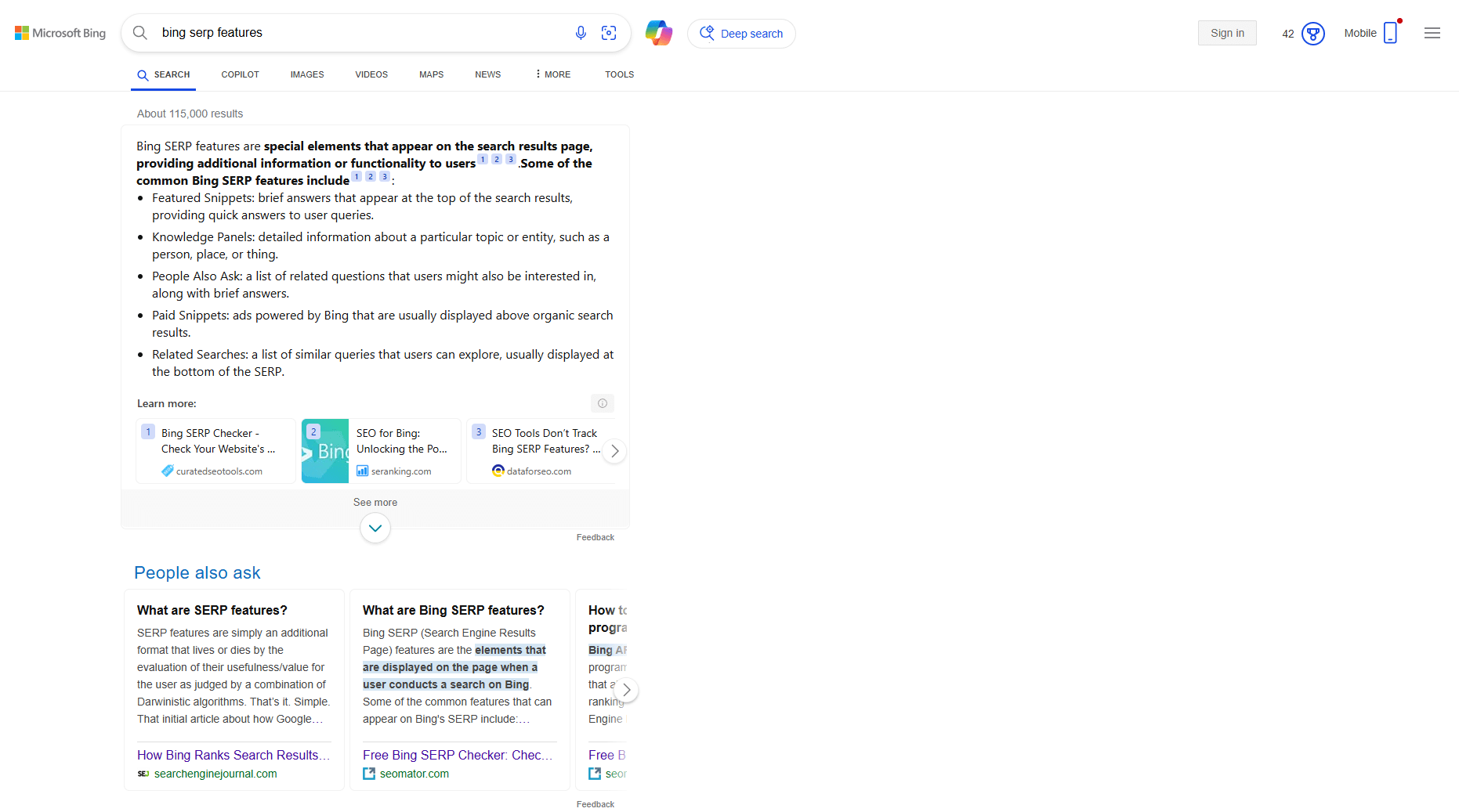 Screenshot of Bing's SERP Features