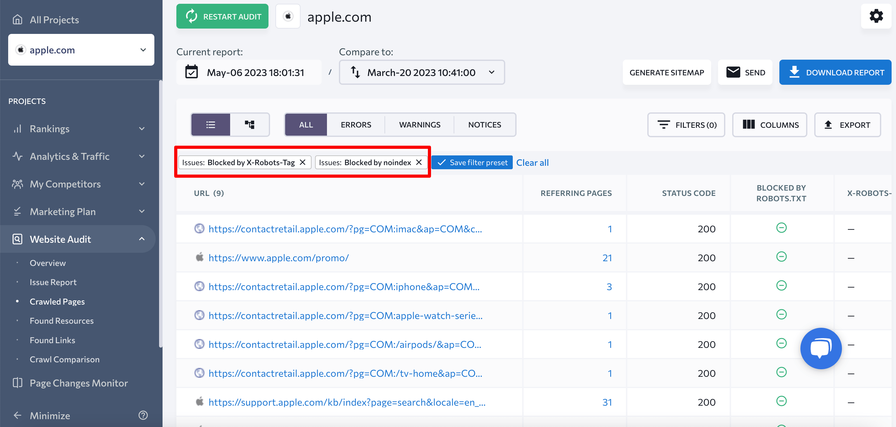 Filtering pages based on the parameters Blocked by noindex and Blocked by X-Robots-Tag