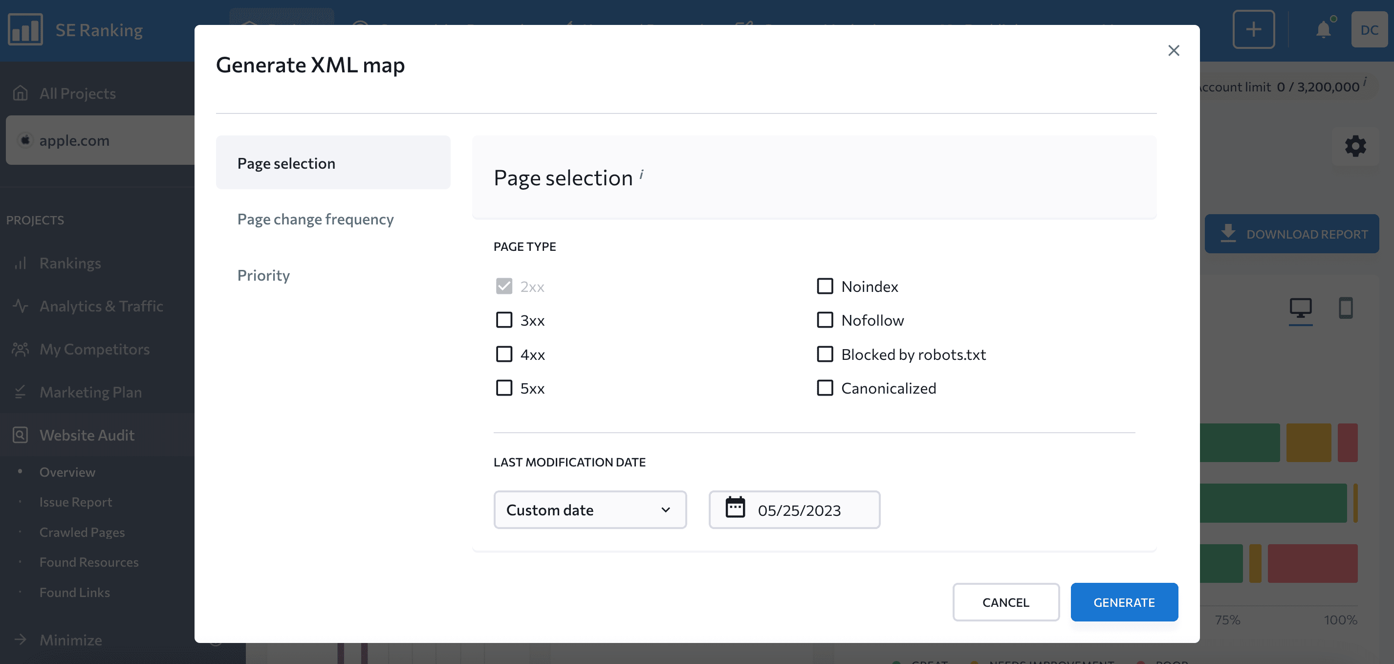 How to generate XML map in SE Ranking