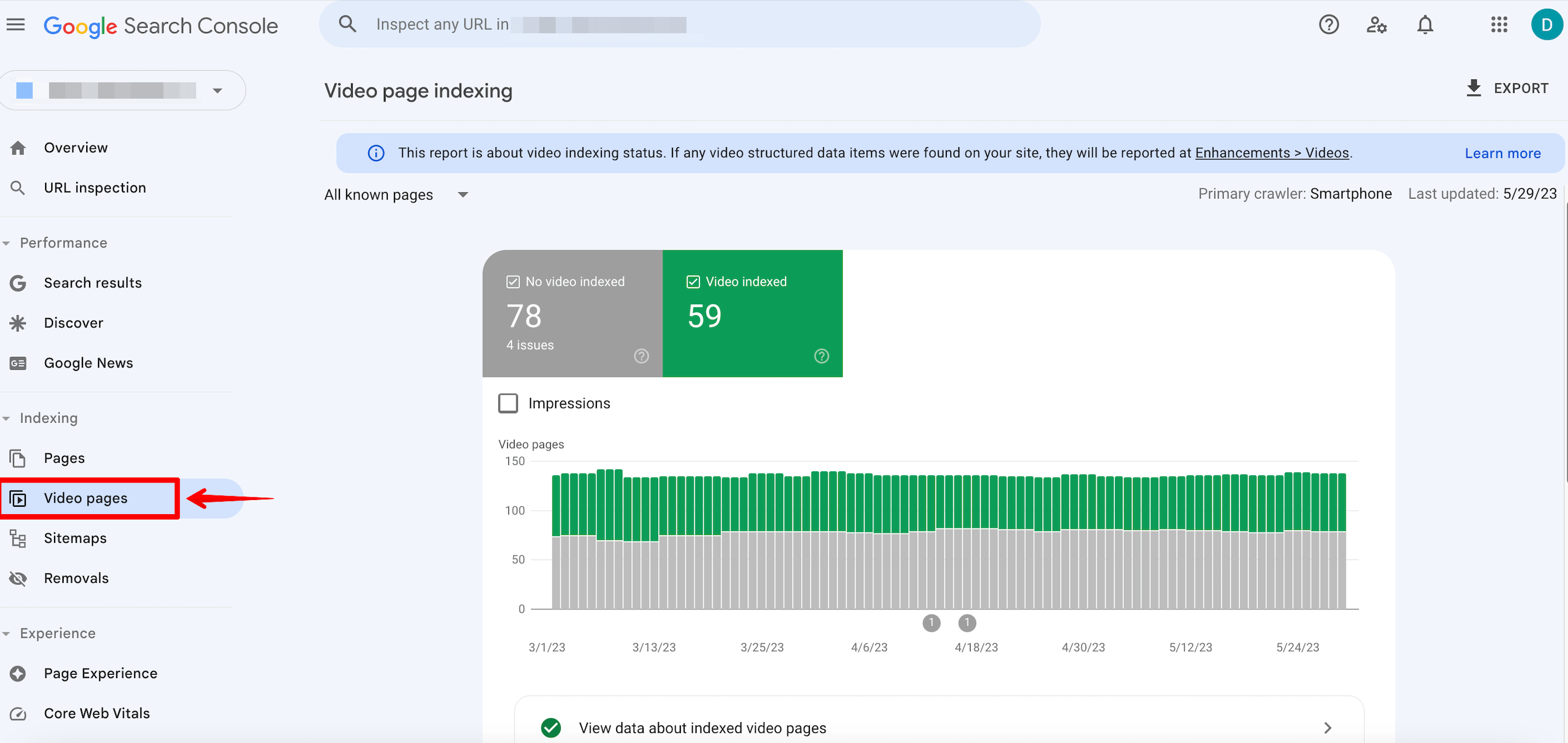 Video pages report in Google Search Console