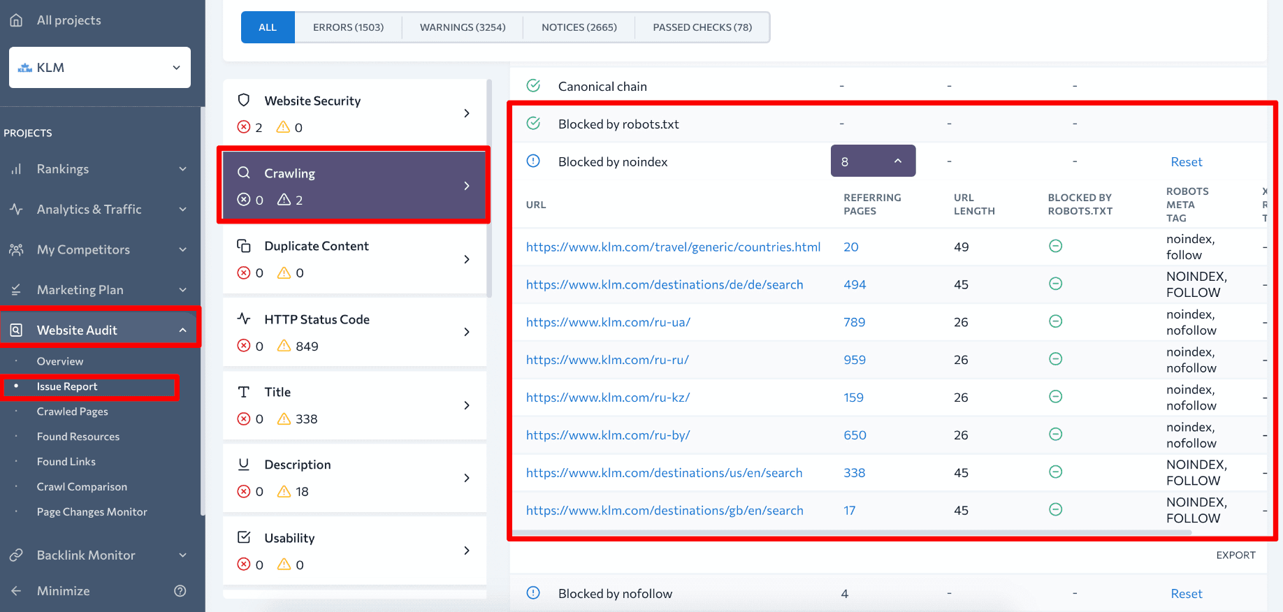 Blocked by noindex pages detected by SE Ranking's website audit