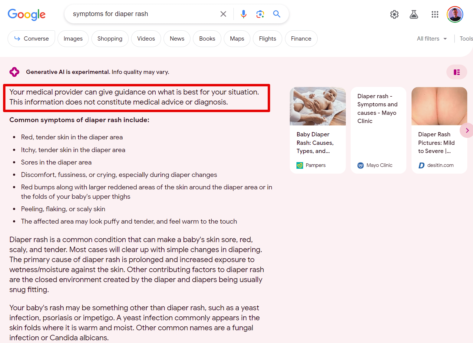 Diaper rash YMYL query in SGE 
