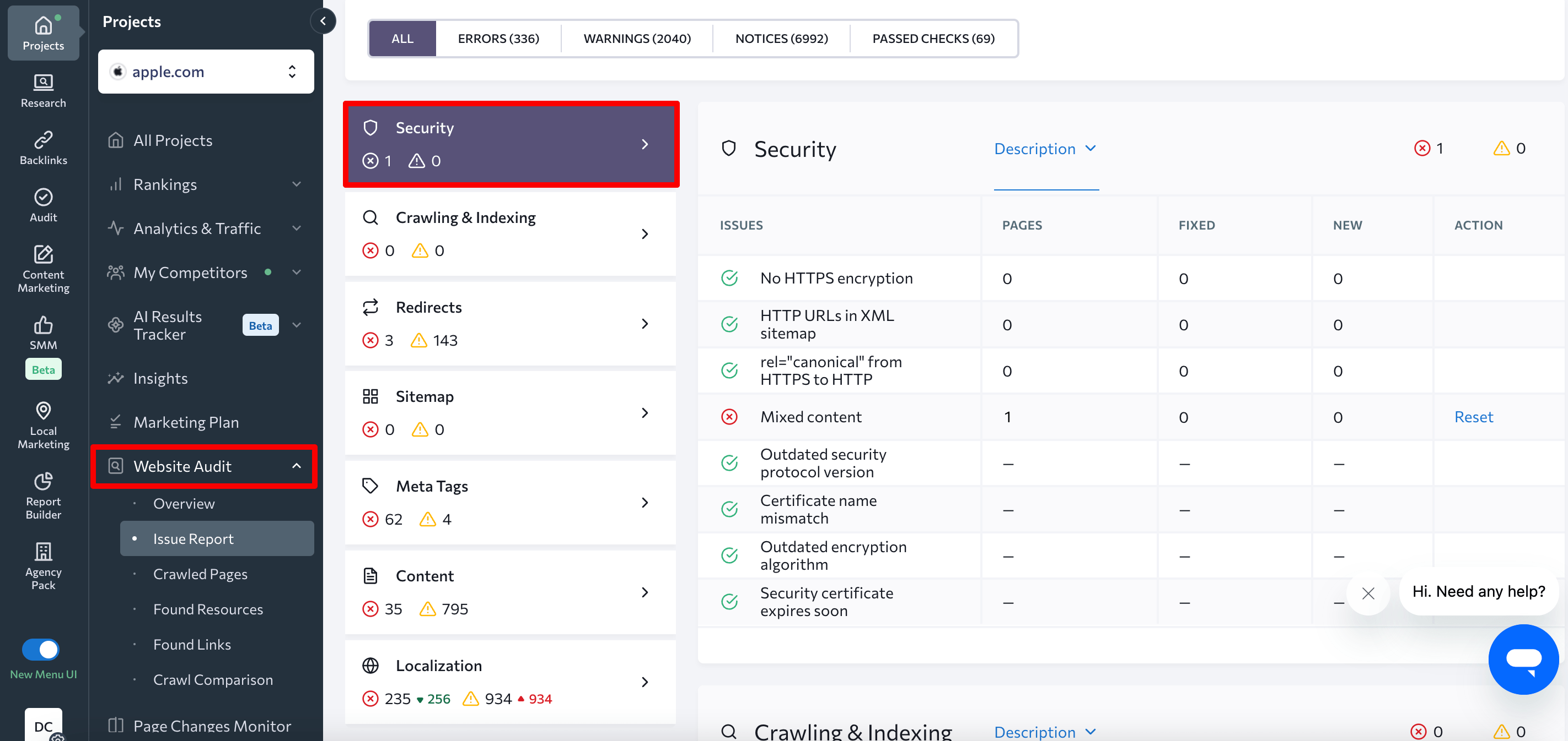 Security certificate check in SE Ranking's website audit