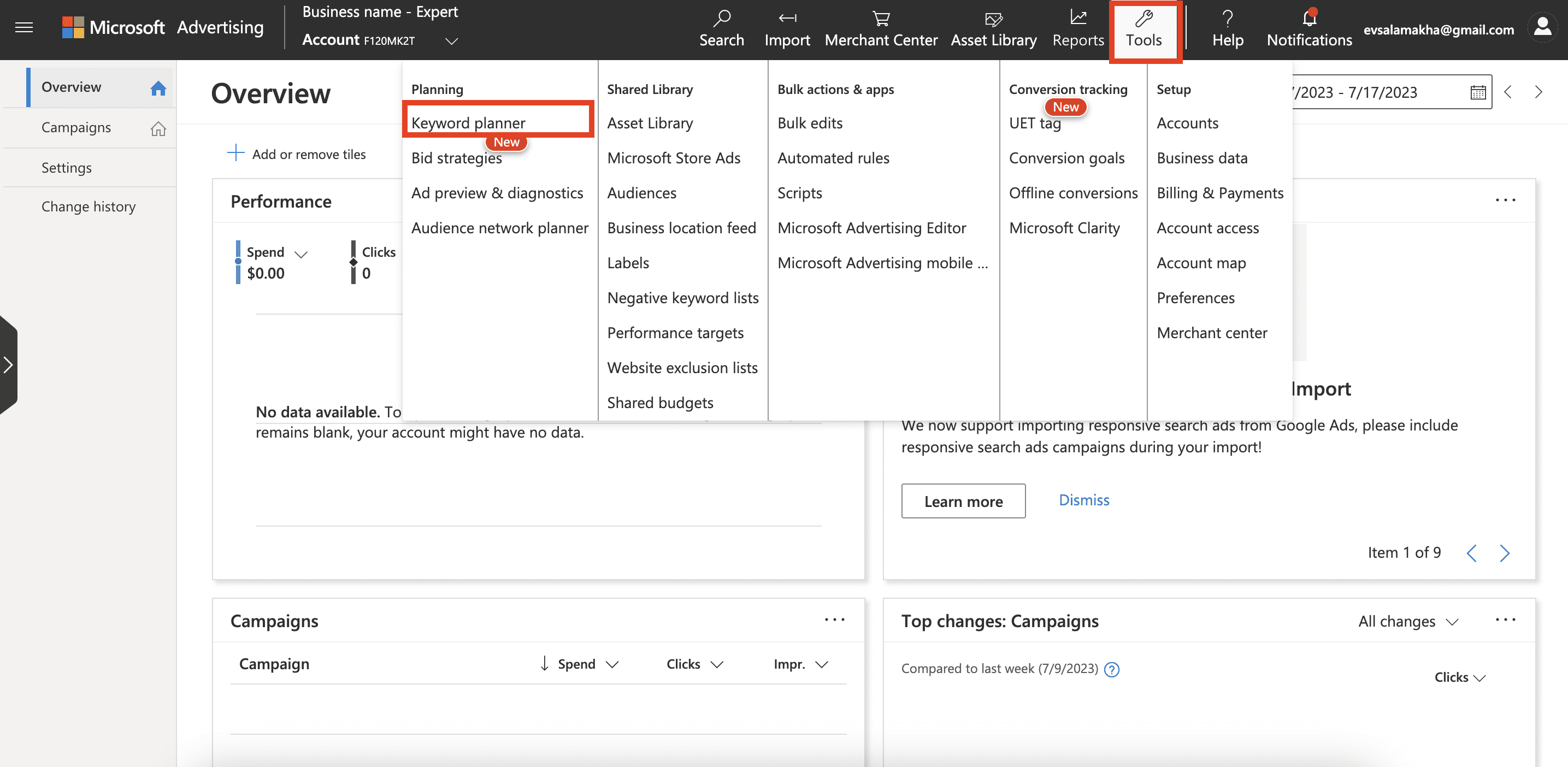 Open Bing Keyword Planner