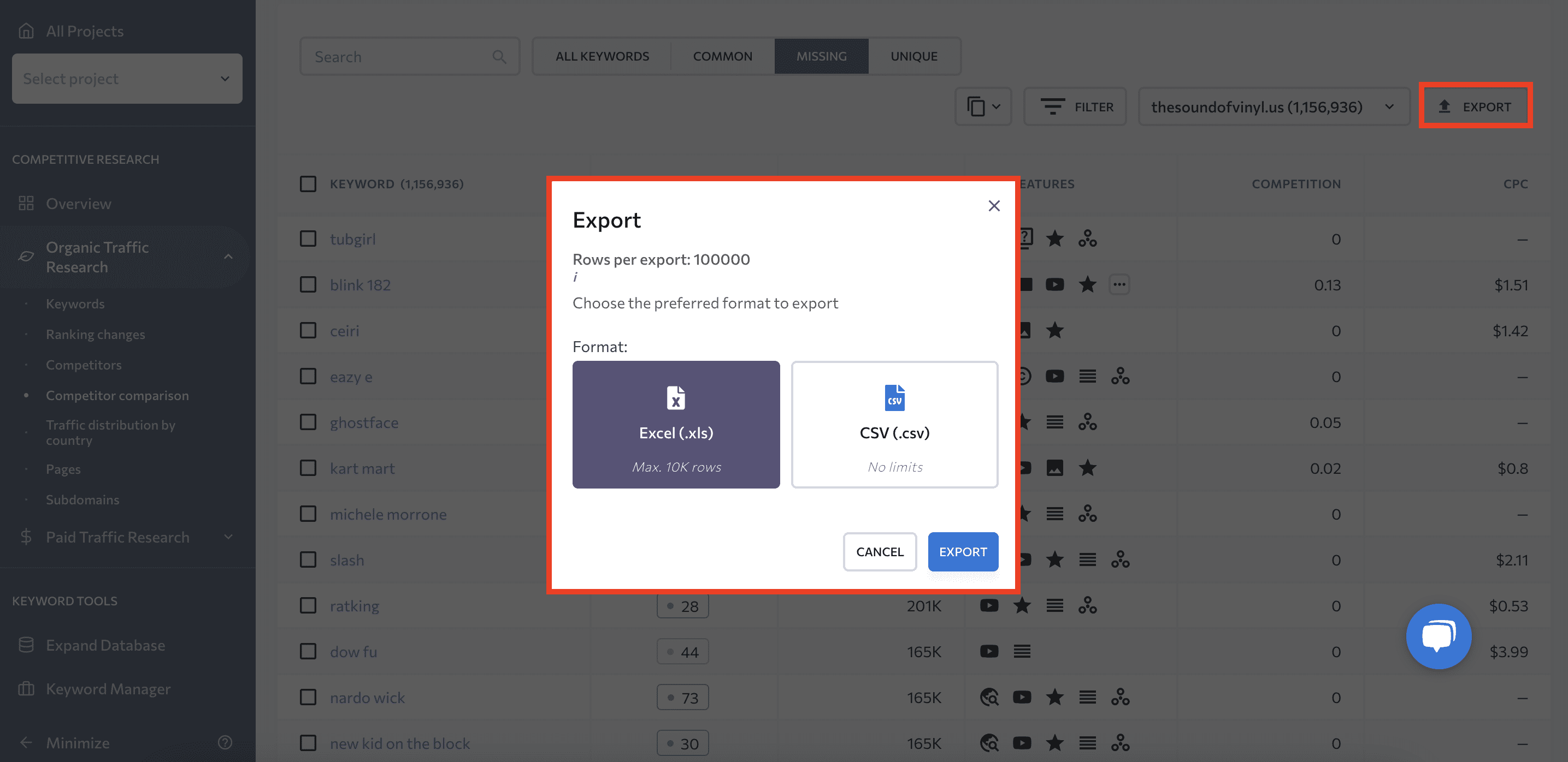 Export missing keywords from Compe،ive Research