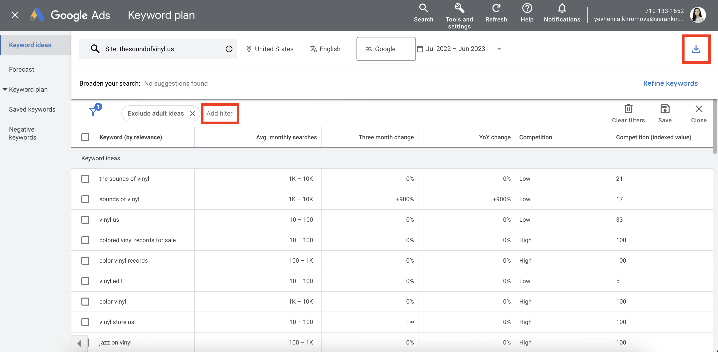 Export and filter keywords in Google Keyword Planner