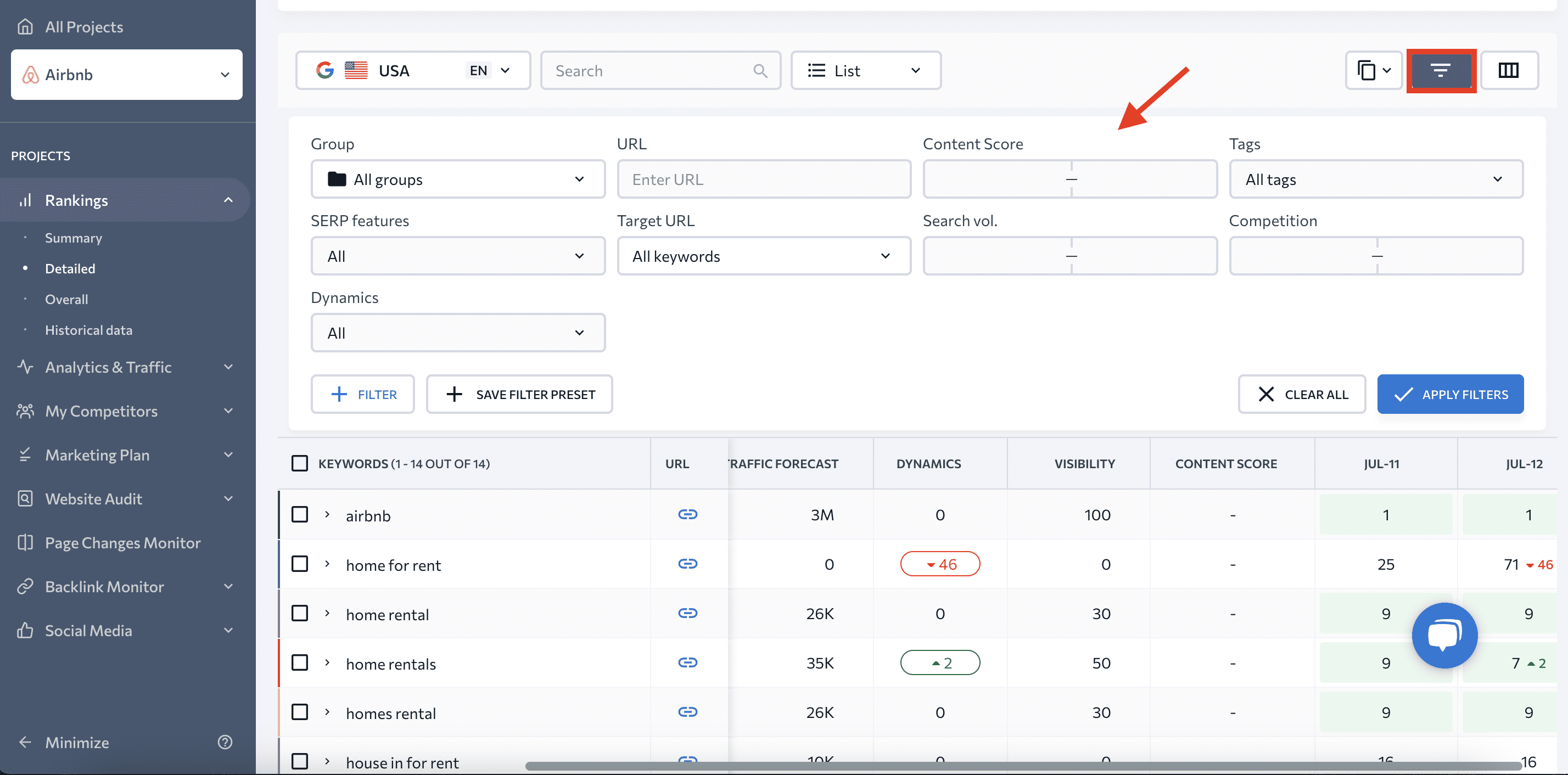 Filter keywords in Rank Tracker