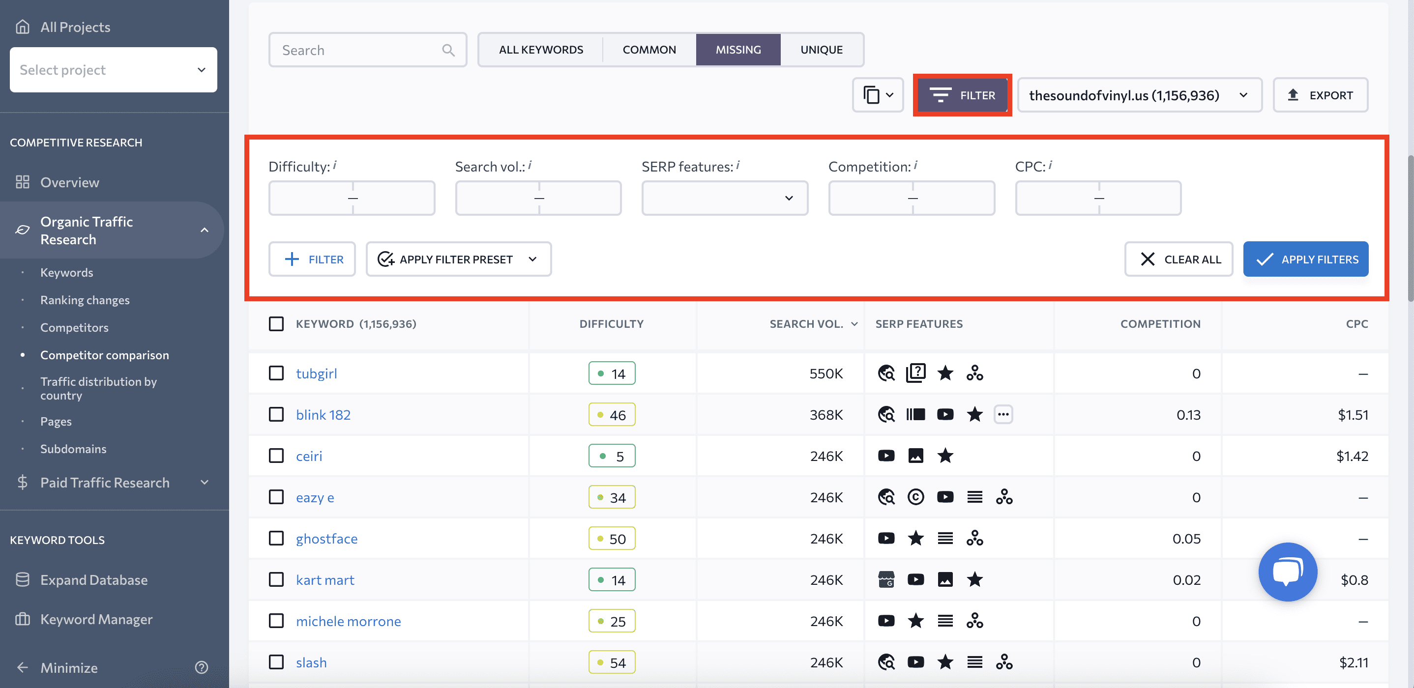 Filters in Competitive Comparison