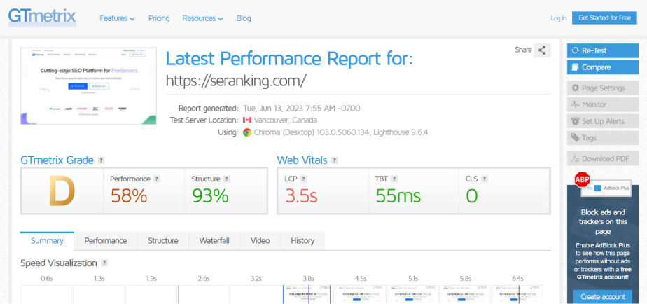 Performance testing tool from GTmetrix