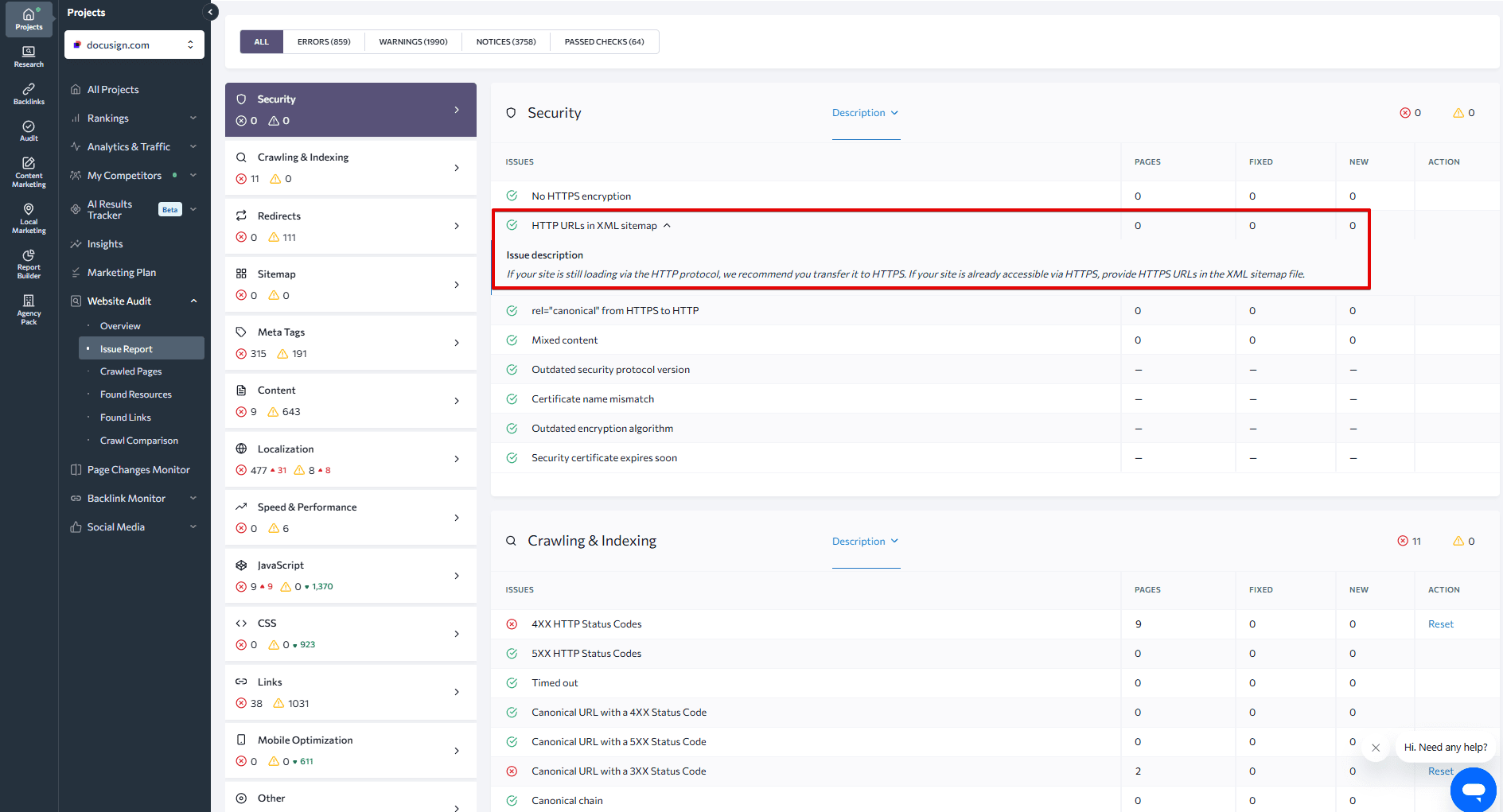 Screenshot of Security section in SE Ranking's Website Audit