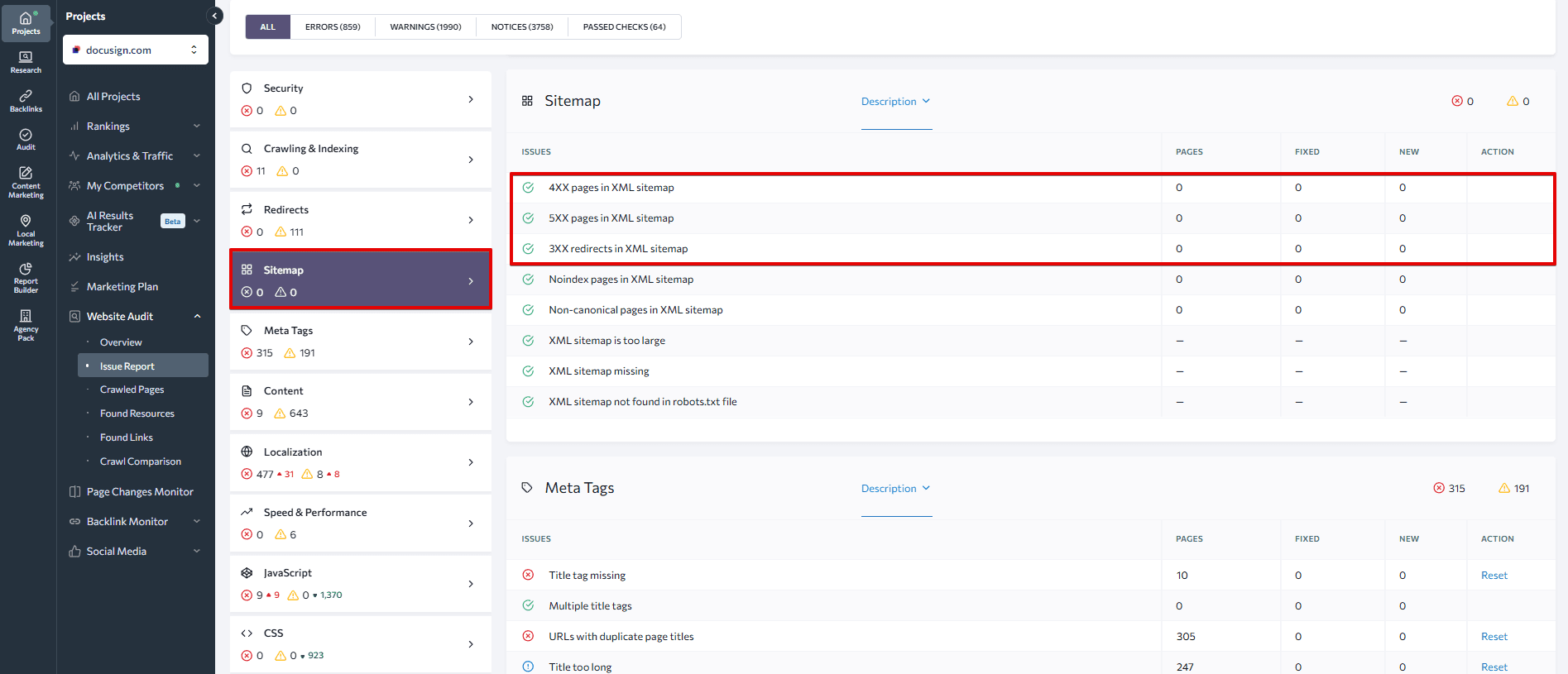 Screenshot of Sitemap section in SE Ranking's Website Audit