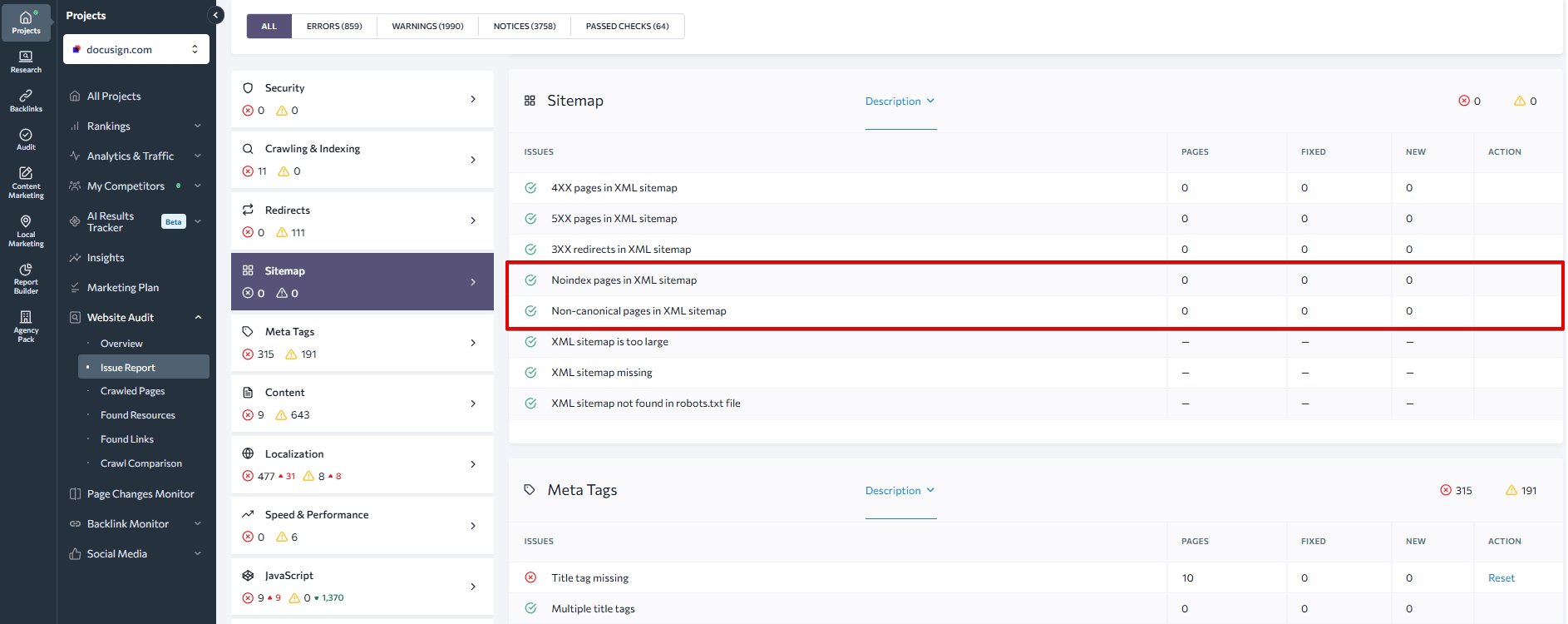 Screenshot of Sitemap section in SE Ranking's Website Audit