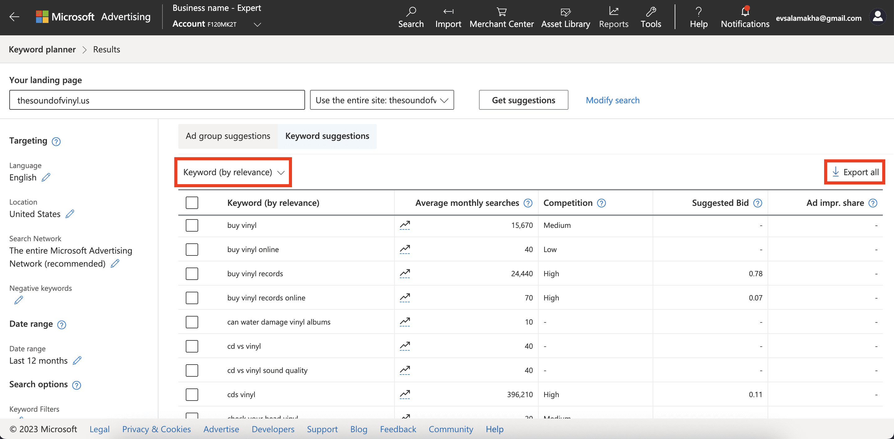 Export and sort keywords in Bing Keyword Planner