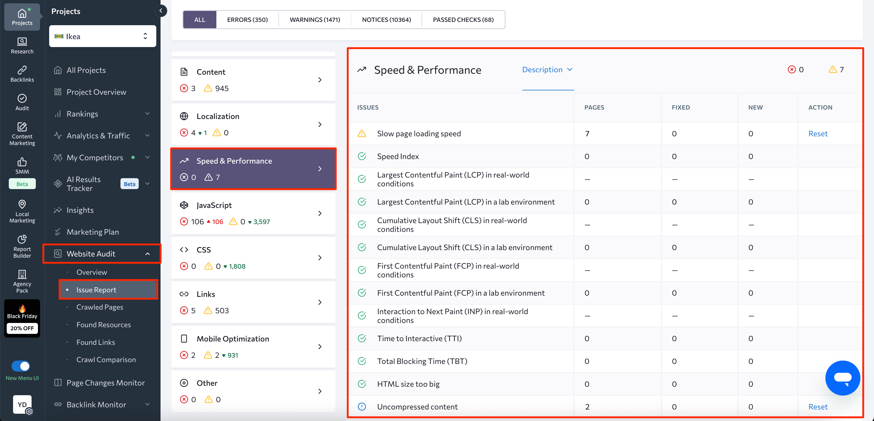 Speed and Performance category in SE Ranking's Website Audit